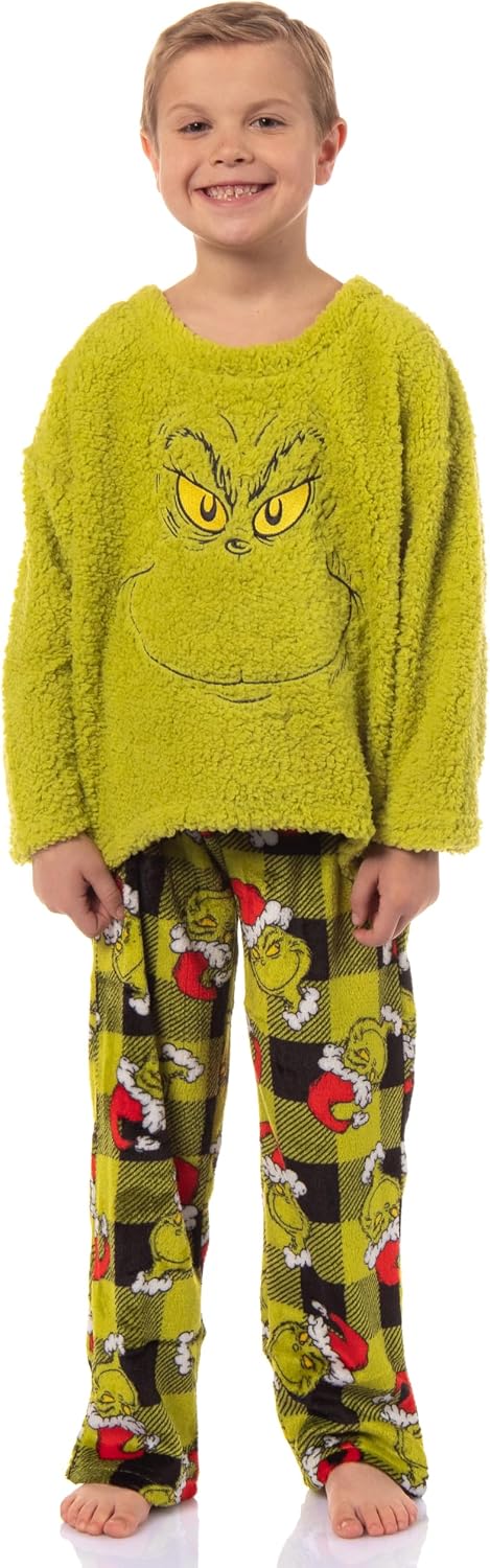Dr. Seuss GRINCH Kids Santa Plaid Plush Fleece Pajama Sleep Set