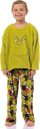 Dr. Seuss GRINCH Kids Santa Plaid Plush Fleece Pajama Sleep Set