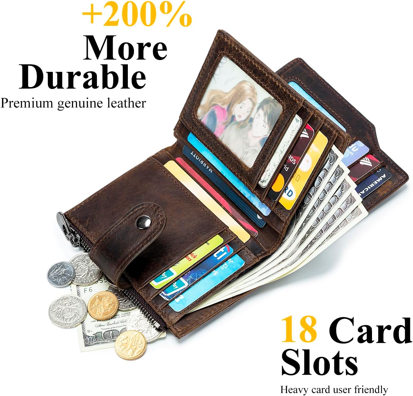 Large Capacity Wallets for Men RFID Blocking Men Wallet Leather with Coin Pocket, 18 Card Slots, Flap ID Window, Coffee - Image 2