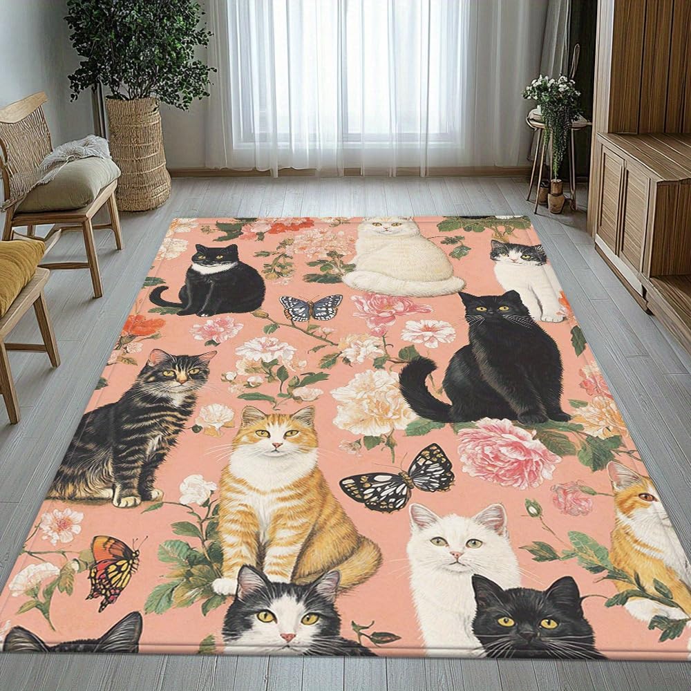 Bycmuoz Cat Area Rug, 180x260cm, Tabby & Orange Cat Animal Print Living Room Rugs, Boho Peony Floral Design Washable Foldable Carpet, Breathable Pet Friendly Mat for Floor Indoor