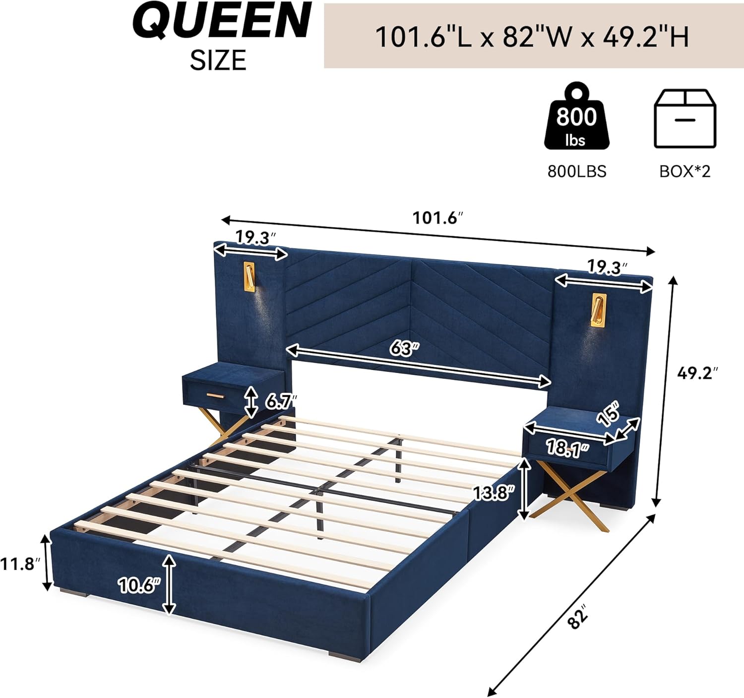 extrasleep Modern Luxury Queen Bed Frame, Velvet Bed Frame Queen Size with Vertical Channel Tufted Wingback Headboard, Upholstered Platform Bed with 2 Side Shelves & 2 Lights, Easy Assembly Royal Blue
