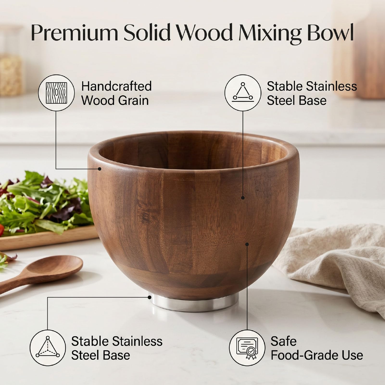 Zunate Ensaladera de Madera Maciza, Ensaladera de Madera Hecha a Mano con Base de Acero Inoxidable, Cuenco de Grande de 4,5 L para Cocina, Ideal para Amasar Masa, Mezclar Ensalada y Servir Frutas