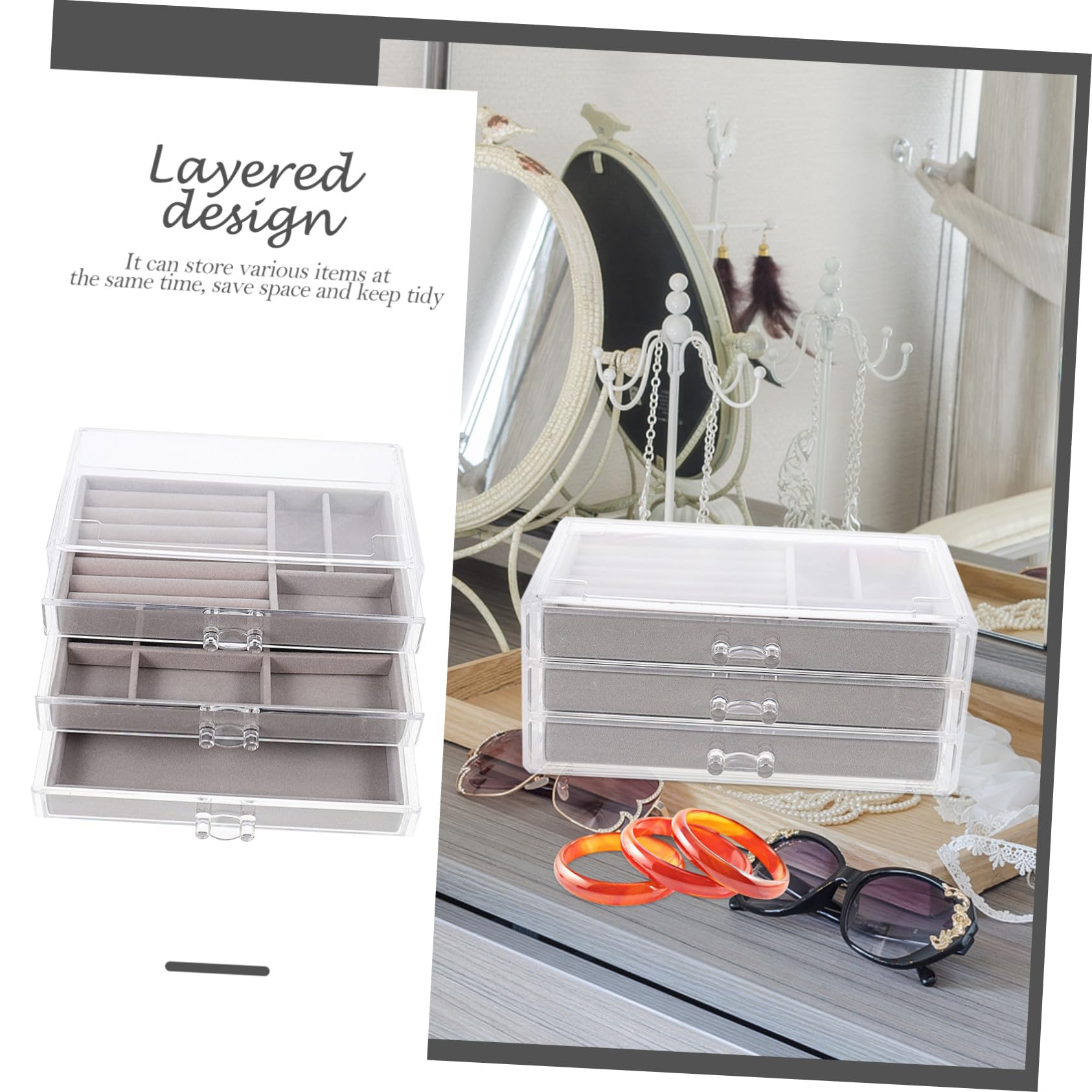 FRCOLOR Scatola Organizer per Gioielli da Armadio Multiuso 3 Cassetti Divisori in Plastica Salvaspazio per Piccoli Oggetti e Accessori in Camera da Letto