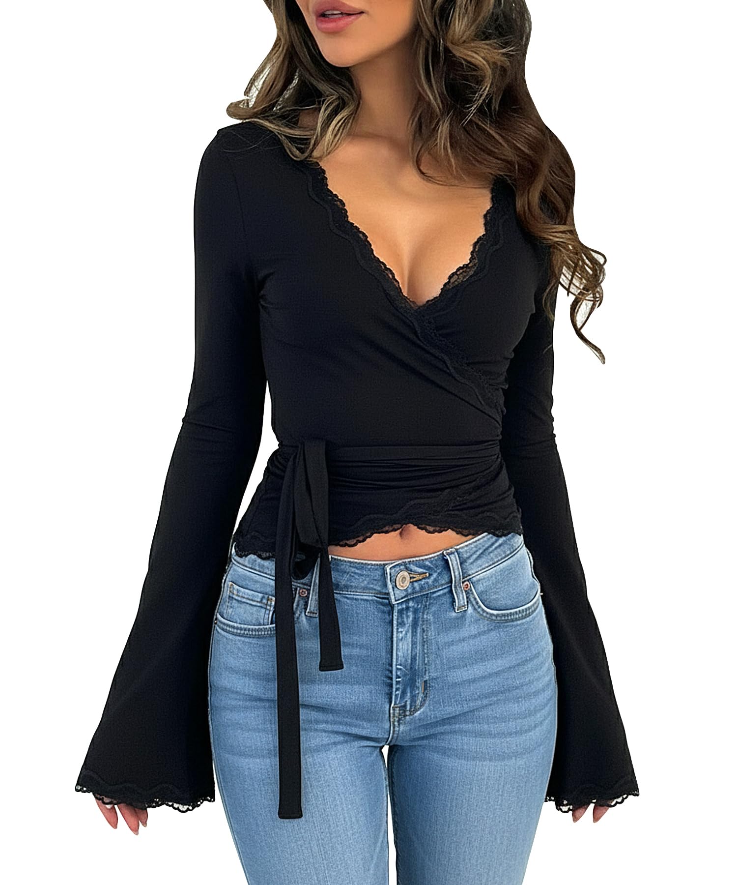 Women Long Sleeve Lace Trim Wrap Top V Neck Tie Front Double Lined Bell Sleeve Going Out Tops