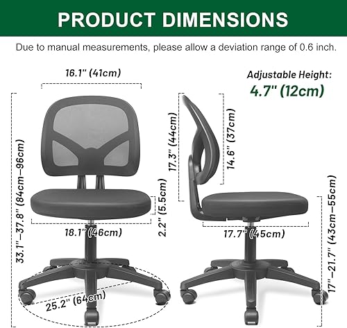 Miniatura 3 de KOLLIEE Silla de oficina sin brazos ergonómica de malla pequeña silla de escritorio sin brazos ajustable giratoria negra silla de tareas para
