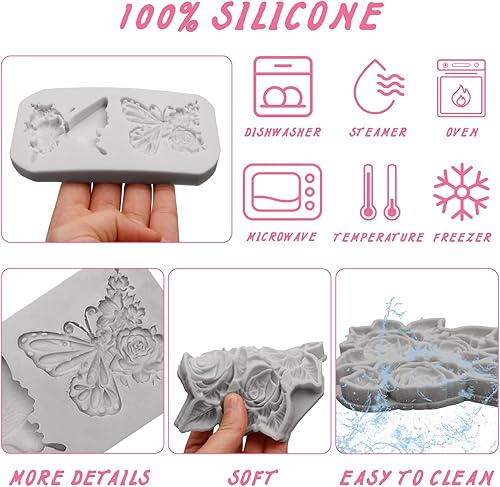 Miniatura 3 de Moldes de arcilla de silicona con diseño de flores de rosas, molde de fondant de chocolate con mariposa y moldes de silicona rosa para manualidades