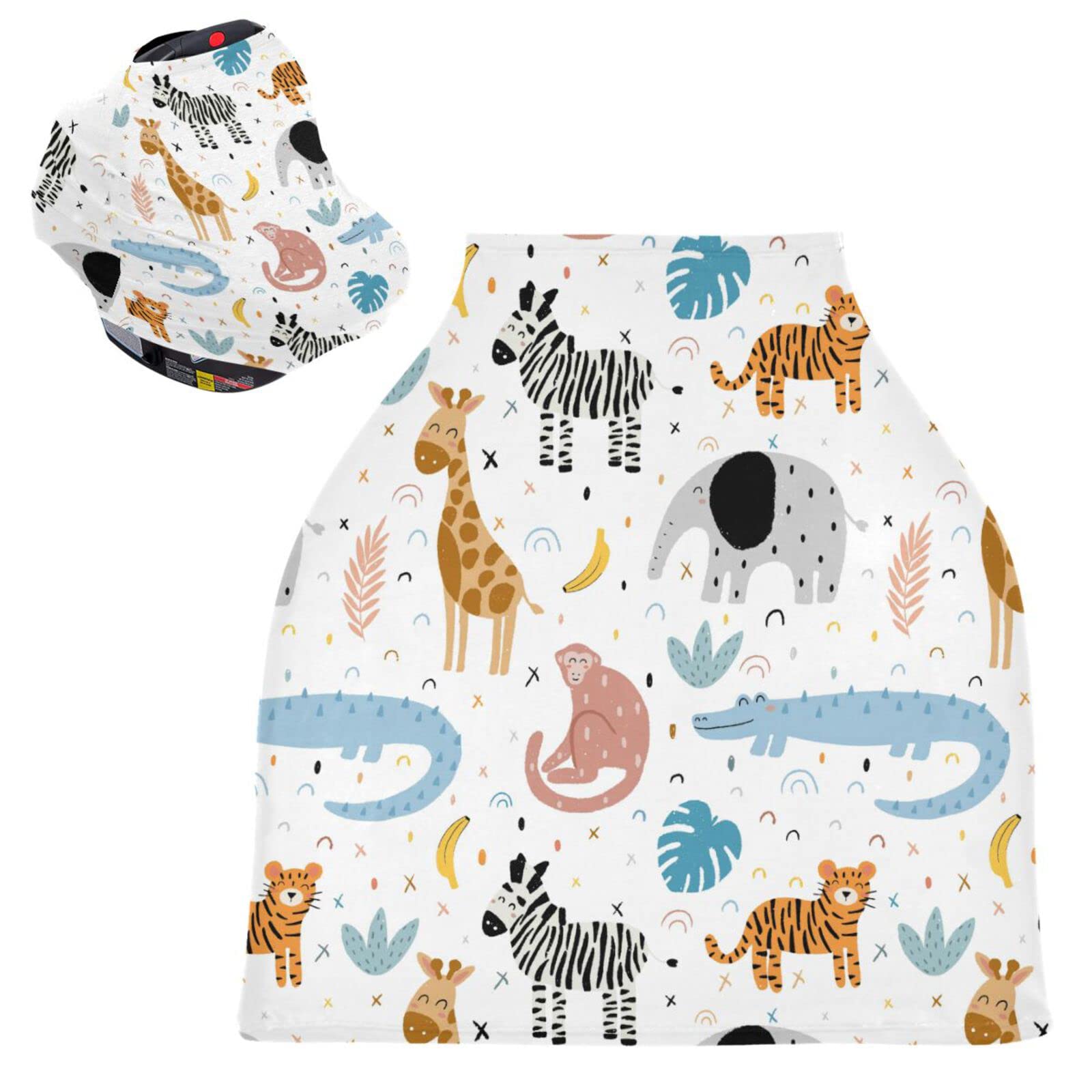 Cute Doodle Crocodile Zebra Elephant Baby Car Seat Covers African Animals Monkey Tiger Carseat Canopy Soft Infant Stroller Cover Nursing Breastfeeding Covers for Girls Boys Newborn Fit Summer Sprin