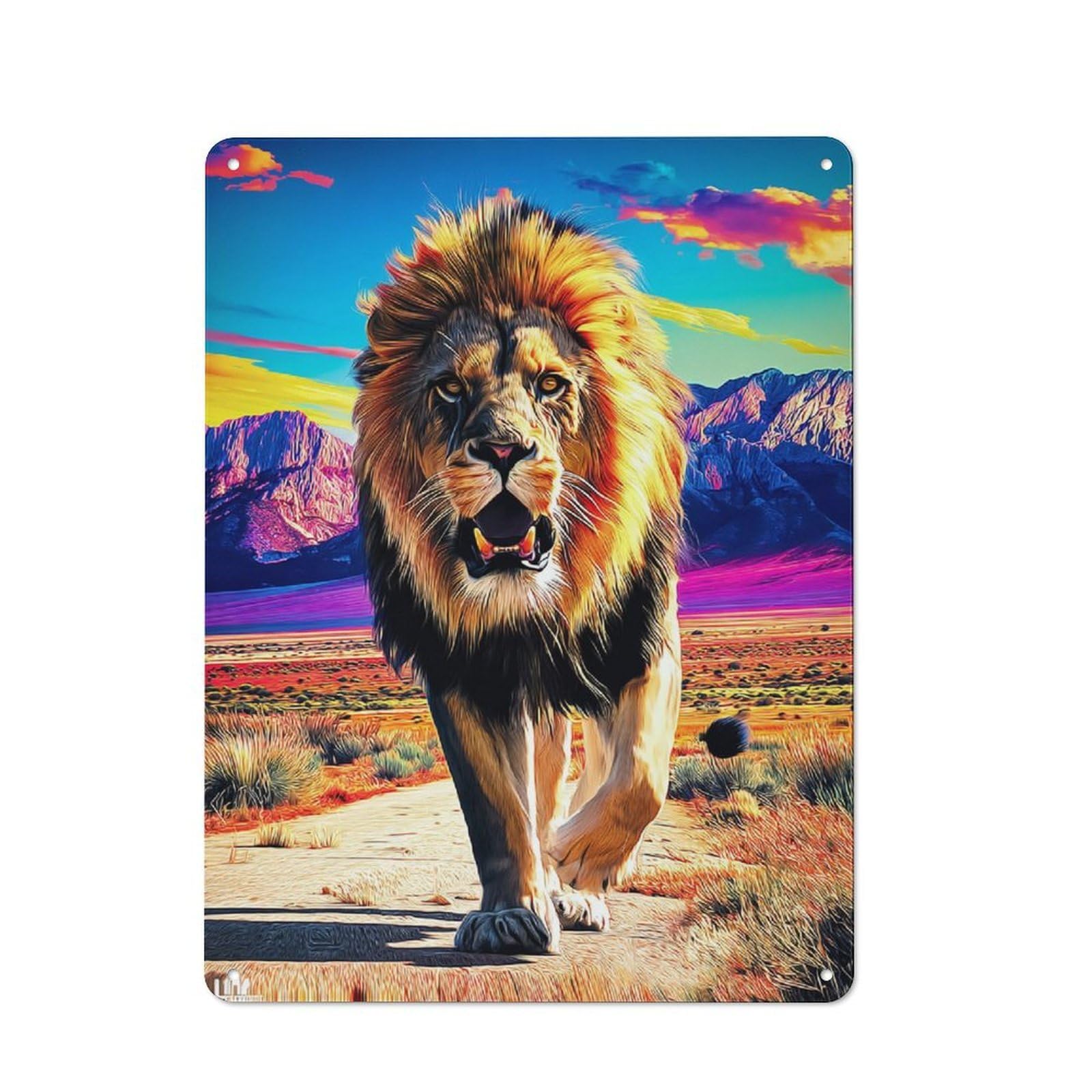 Junmoney Colorful Lion In Vibrant Landscape Modern Vintage Metal Desk Wall Sign 40X30cm, Office Wall Decor For Office, Study, Studio Or Hallway