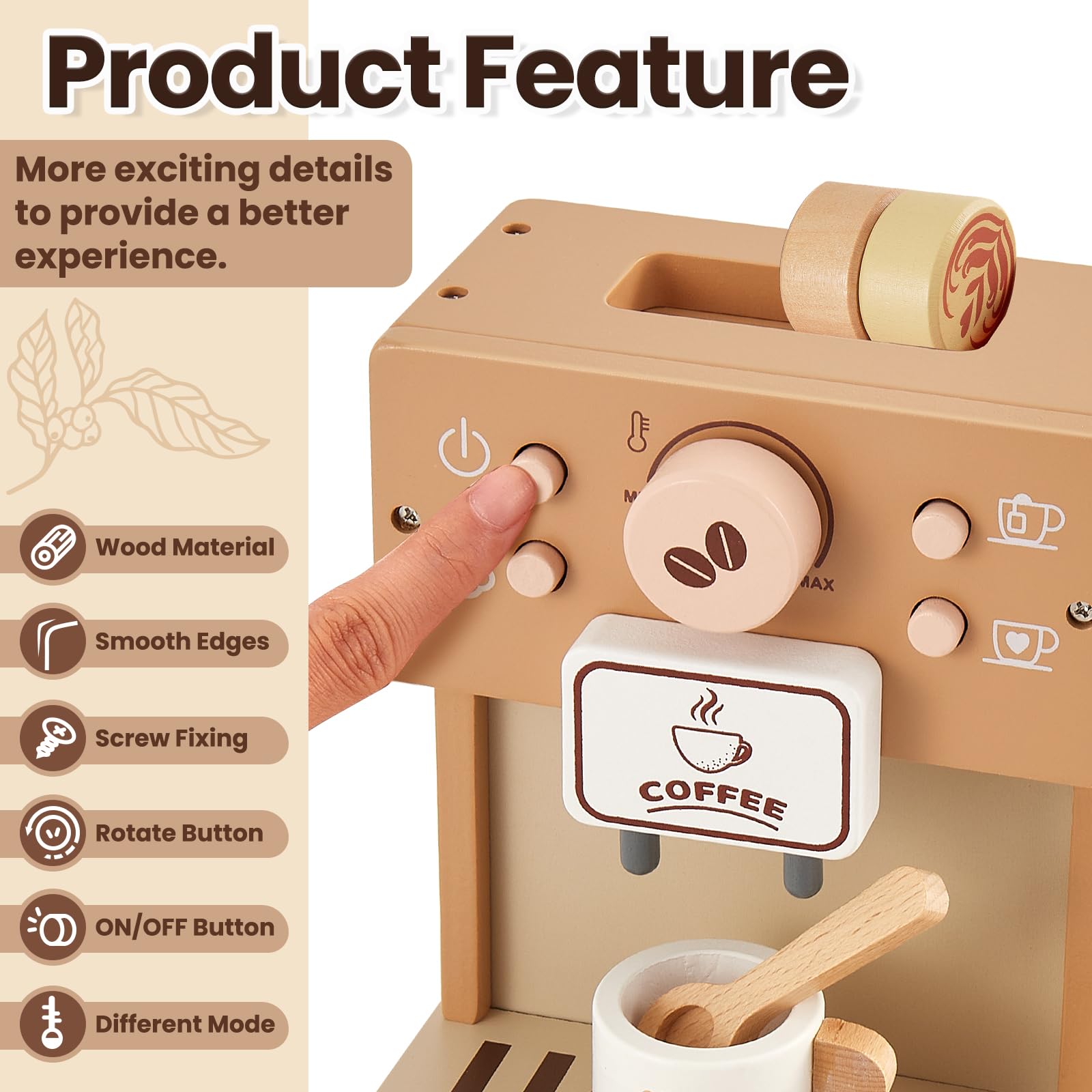 Buyger Utensilios de Cocina de Madera, Cafetera Madera Juguete Niños, Juego de rol de Barista, Juguete de Té, Regalos de Cumpleaños para Niños Niñas 3 4 5 Años
