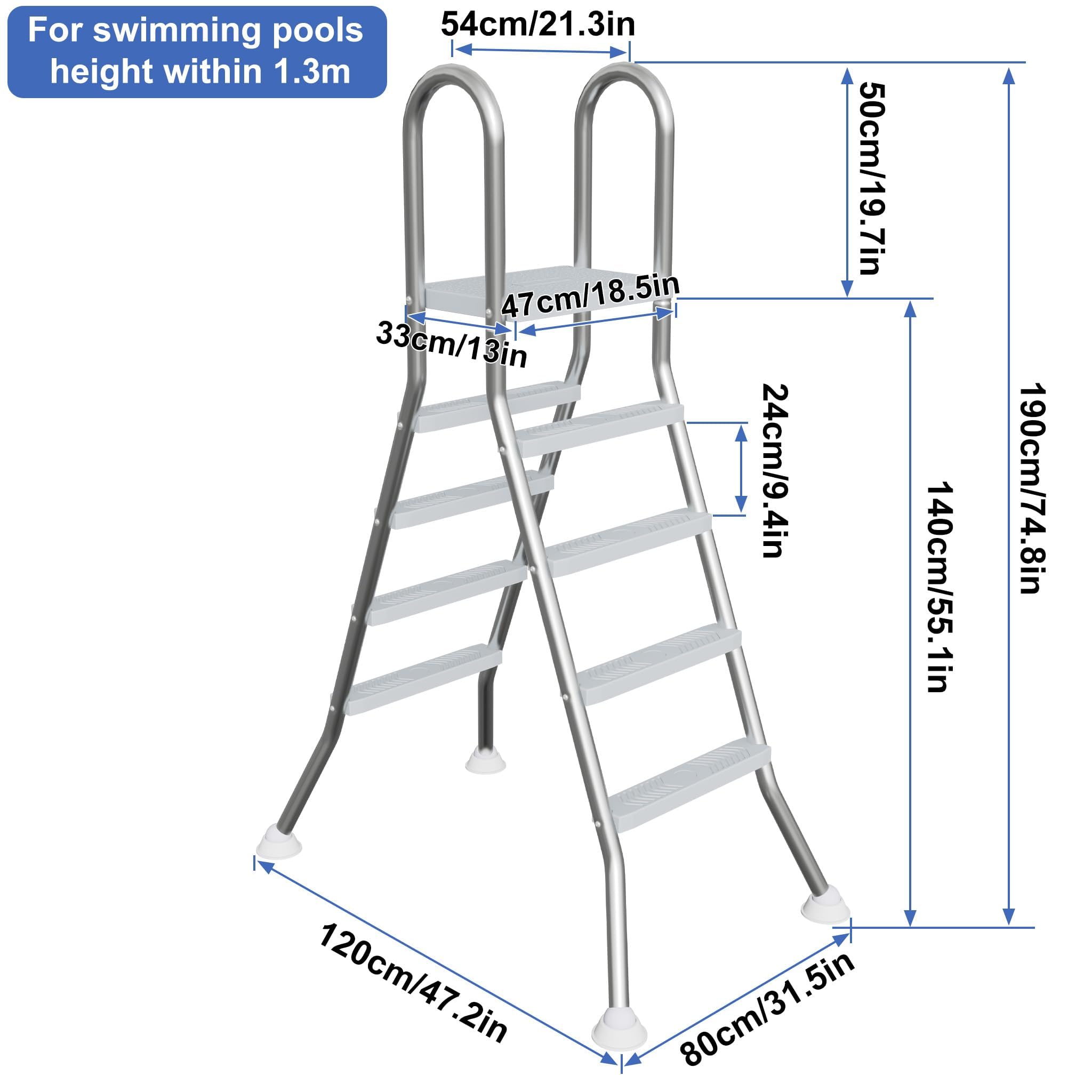 LZQ Escalera de piscina de acero inoxidable de 135 cm de altura | Escalera de piscina con 4 peldaños antideslizantes | soporta hasta 150 kg | Escalera para piscina con protección antideslizante |