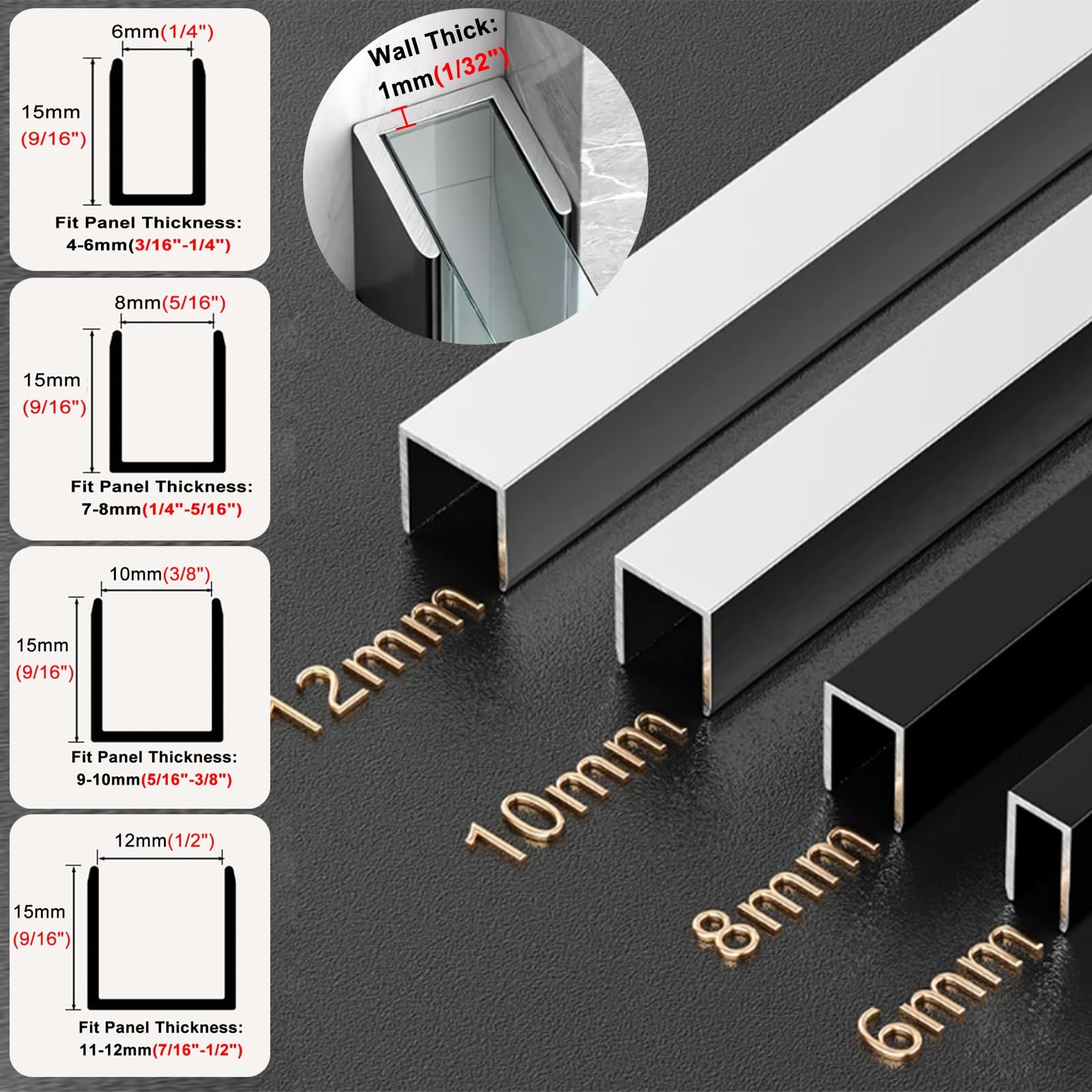 Cabinas de ducha de panel fijo con canal en U para vidrio de 6 a 12 mm de grosor, inserciones de puerta de partición de balcón, baño, cocina, perfil de montaje en suelo, paquete de 10
