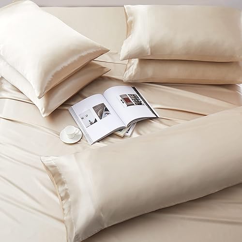 Miniatura 6 de Manyshofu Juego de sábanas de satén beige de 7 piezas, tamaño King, lujoso y suave, 1 sábana bajera de satén, 1 sábana encimera de satén, 4 fundas