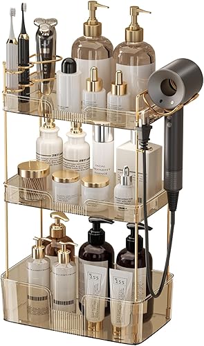 Miniatura 10 de Organizador de baño de 3 niveles en bandeja para encimera, organizador de maquillaje, perfume, cuidado de la piel para tocador de baño (verde)