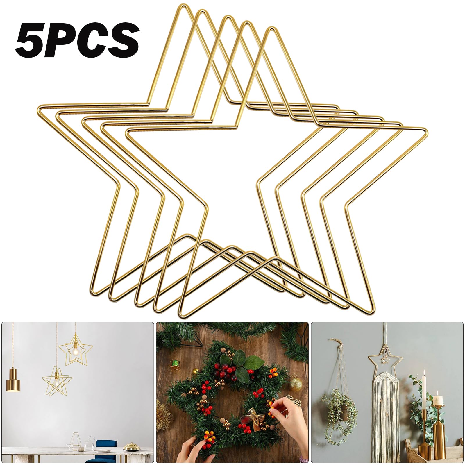 4 Anneaux En Métal Doré Pour DIY - Formes Lune, Étoile, Cœur Et Cercle (5 à 20 Cm) - Décoration Noël, Attrape-Rêves, Guirlandes, Artisanat
