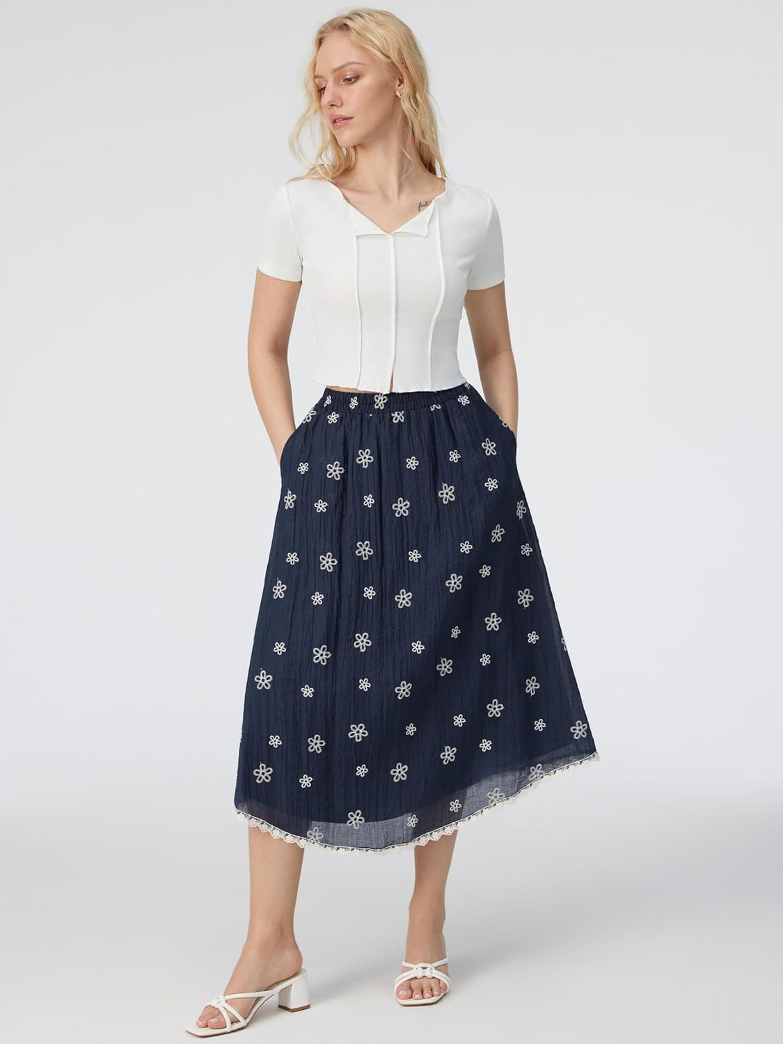 CIDER Floral Skirts for Women Mesh Lace Trim Beach Vacation Outfit Flowy Casual Long Skirt Summer Trendy Outfit - Image 2