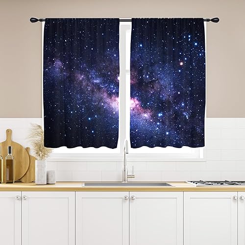 Cortinas de cocina con diseño de galaxia de 27.5 pulgadas de ancho x 39 pulgadas de largo, pequeñas noches estrelladas, espacio exterior, universo