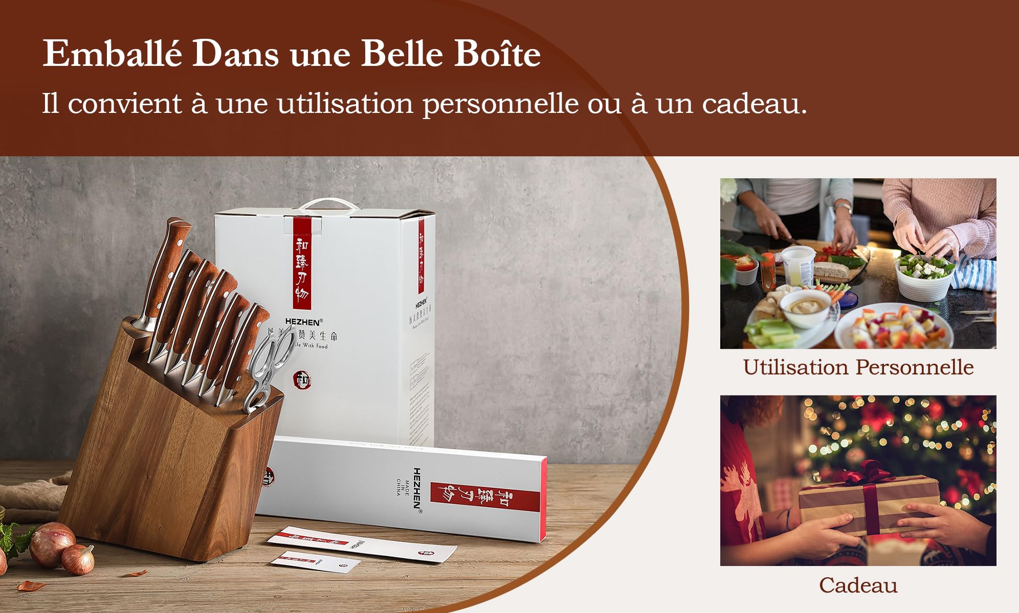 HEZHEN Blocs Couteaux Ensembles de Couteaux de Chef, Set de Couteaux de Cuisine avec Bloc de Couteaux en Bois D'Acacia, Ciseaux de Cuisine en Acier Inoxydable, Avec Fusil à Aiguiser