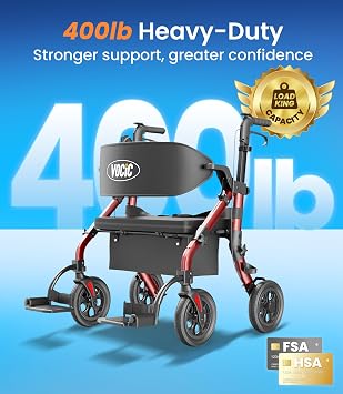 VOCIC Senior Walker, Fat Roller Walker with Seats & Brakes 400 lbs, Rolling Walker Folding, Transport Chair, Folding Adult Walker, 4 Wheeler Walker Wheelchair Combo Z59