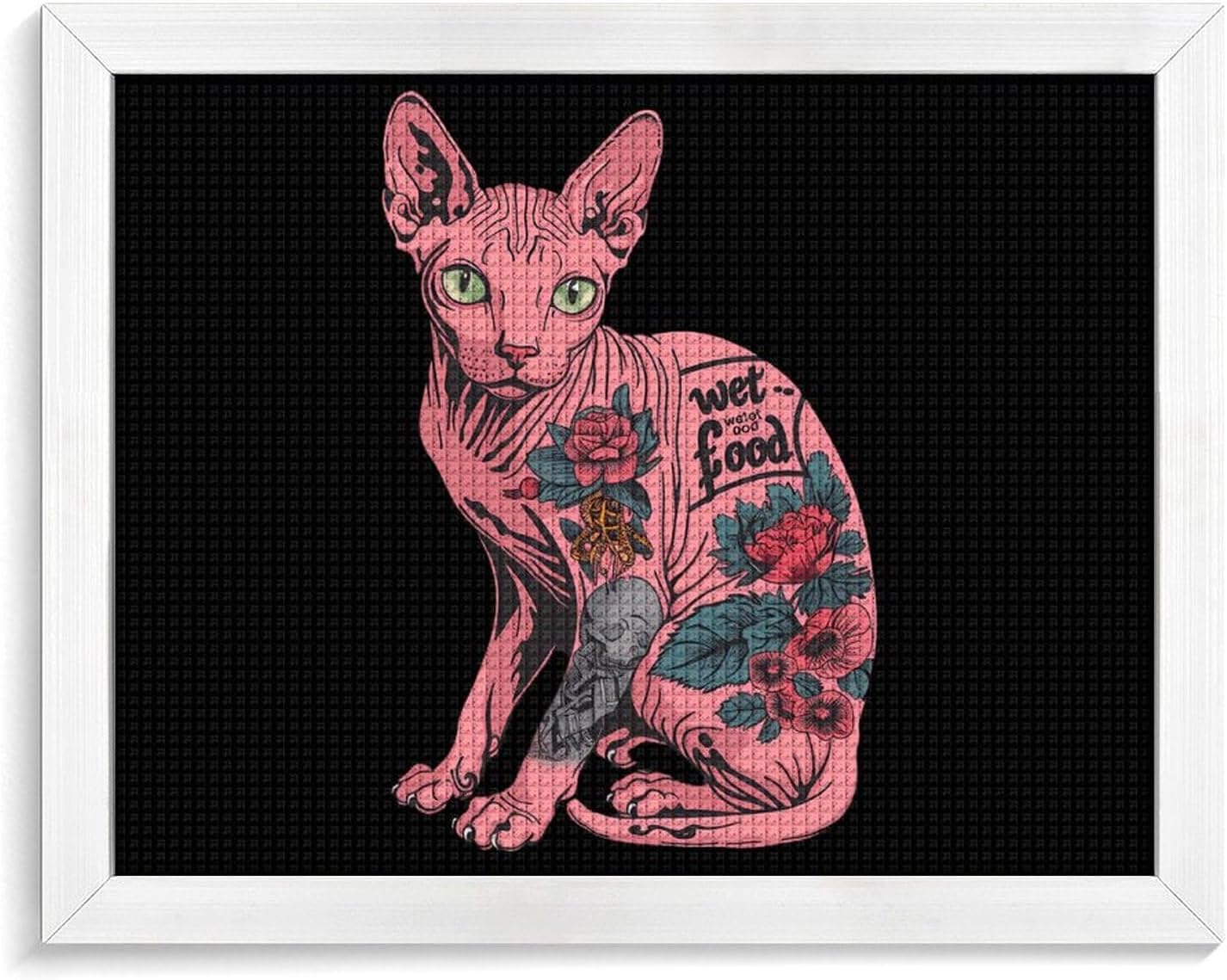 Green Eyes Hairless Cat with Tattoo Printed Diamond 5D Painting Kits DIY Full Drill Crafts for Home Wall Decor 16x20 Inch White Wood 50 * 40cm