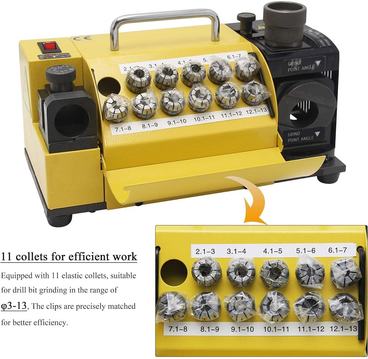 Portable Drill Bits Sharpener,3-13mm Portable Multipurpose Drill Bit Grinding Machine with 11 Collets,Electric Drill Bit Sharpener,Adjustable Angles from 95°-135° CBN Wheel,for Hss