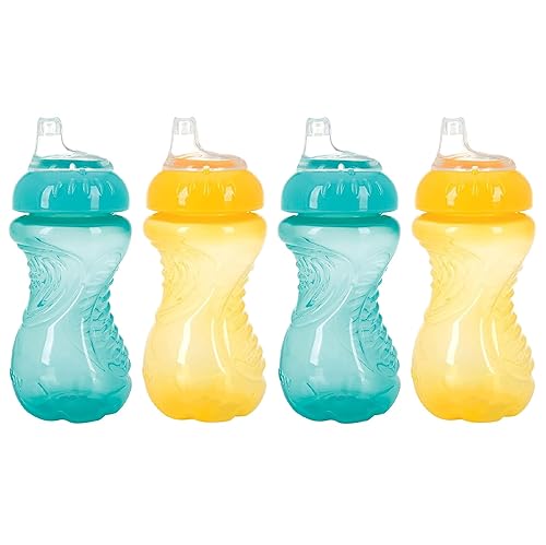 Nuby 4 piezas antiderrames de fácil agarre taza de entrenamiento de 10 oz (aguamarina y amarillo)