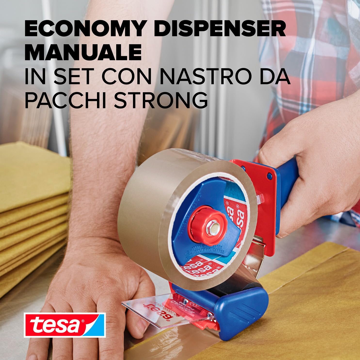 Tesapack Ultra Strong - Confezione Risparmio Con 2 Nastri Da Imballaggio In PVC (66m X 50mm) + Taglierina Manuale - Nastro Adesivo Marrone Robusto E Silenzioso