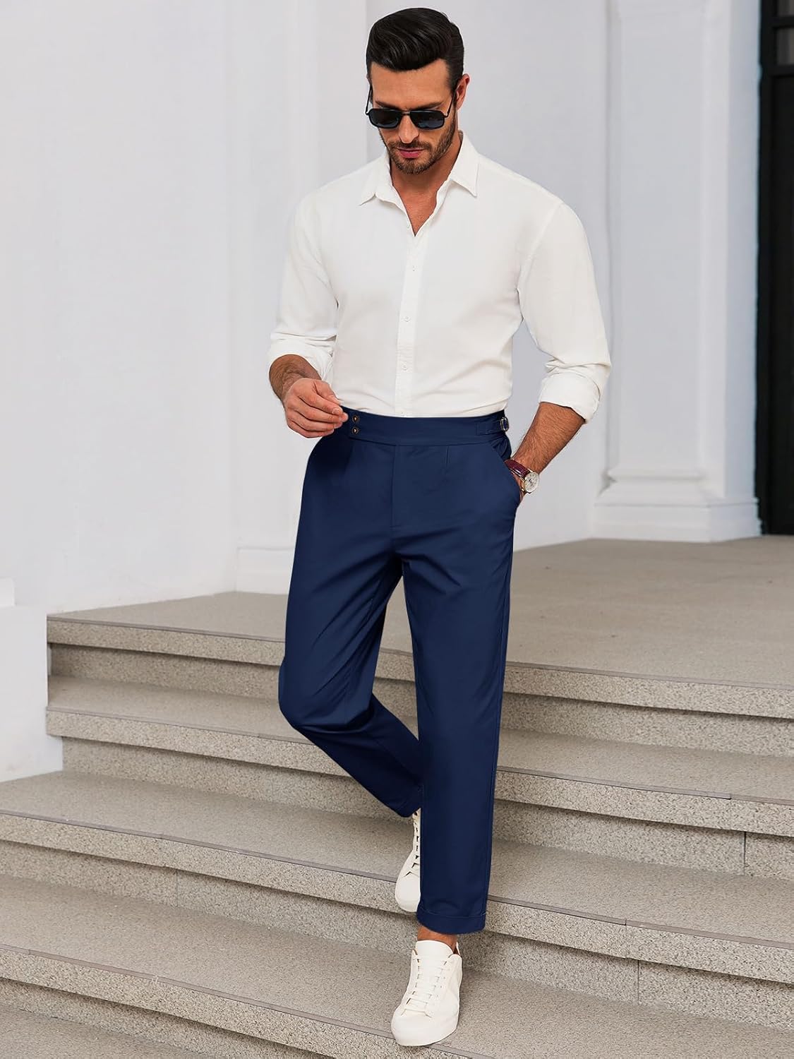 Runcati Mens Chinos Cotton Pants Slim Fit Pleated Front Dress Pants Casual Stretchy Tapered Trousers - Image 4