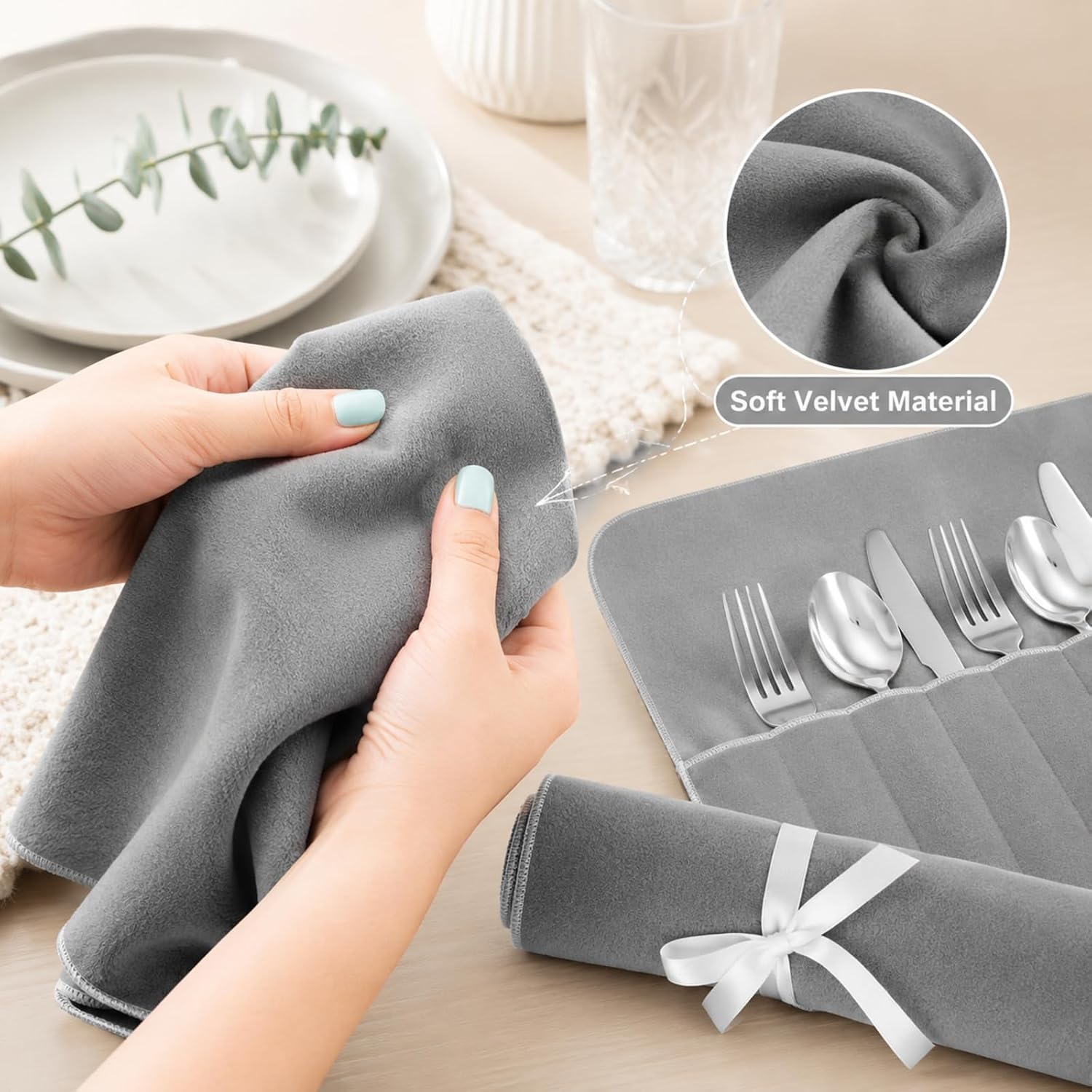 Hillban 6 Pcs Anti Tarnish Silverware Storage Bags Felt, 12 Slots, Grey