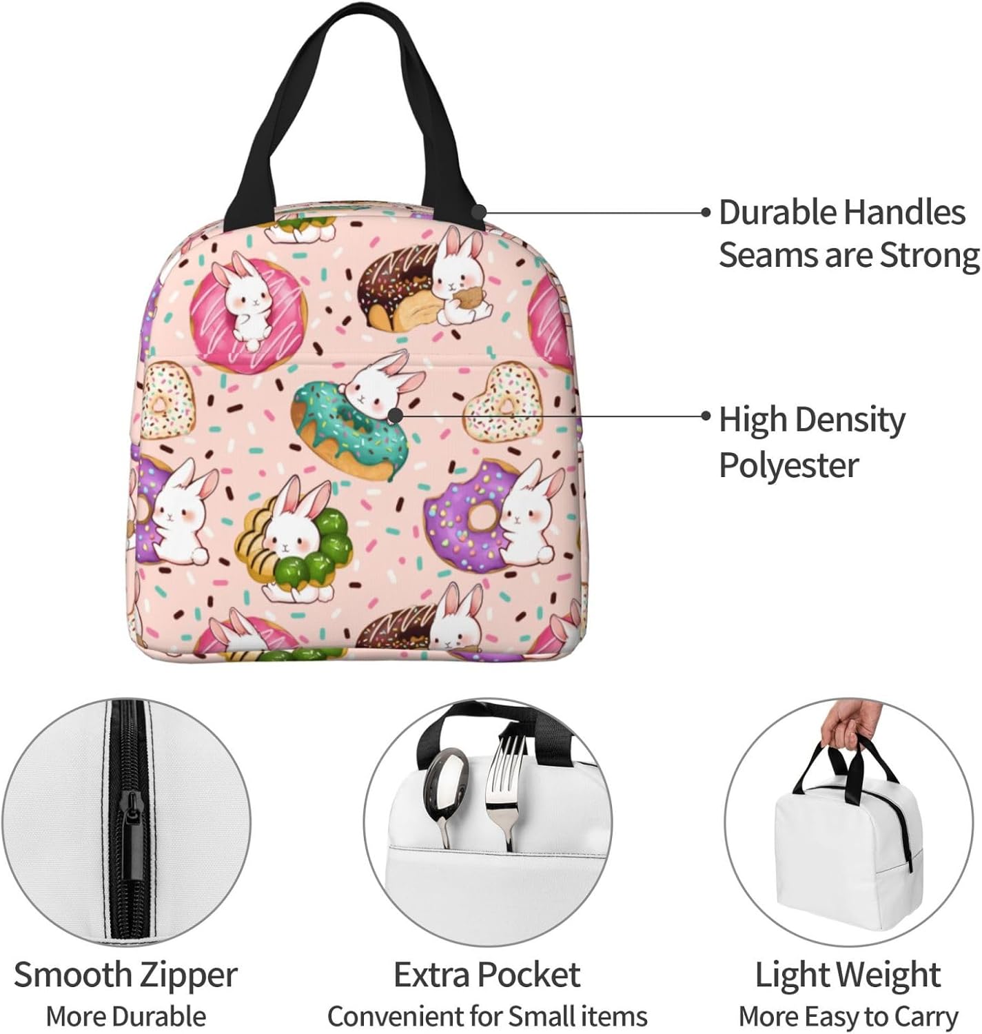 Rabbit Donut lunch box lunch bag Portable Insulated Lunch Box for Women Men Cooler Tote Bag with Front Pocket for Work Picnic Travel - Image 4