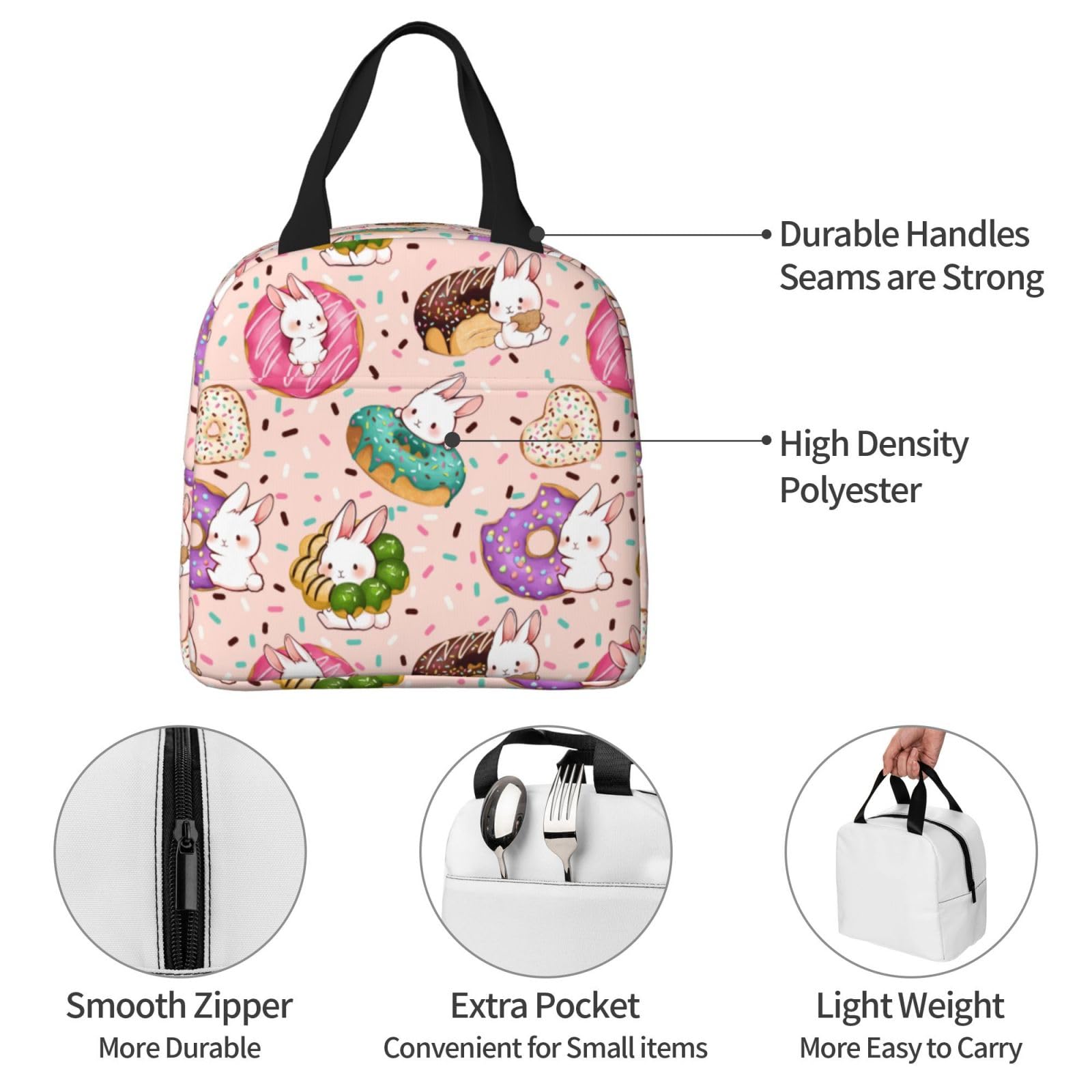 Lonchera de dona, bolsa de almuerzo portátil aislada para mujeres y hombres, bolsa de mano con bolsillo frontal para el trabajo PicnicTrave