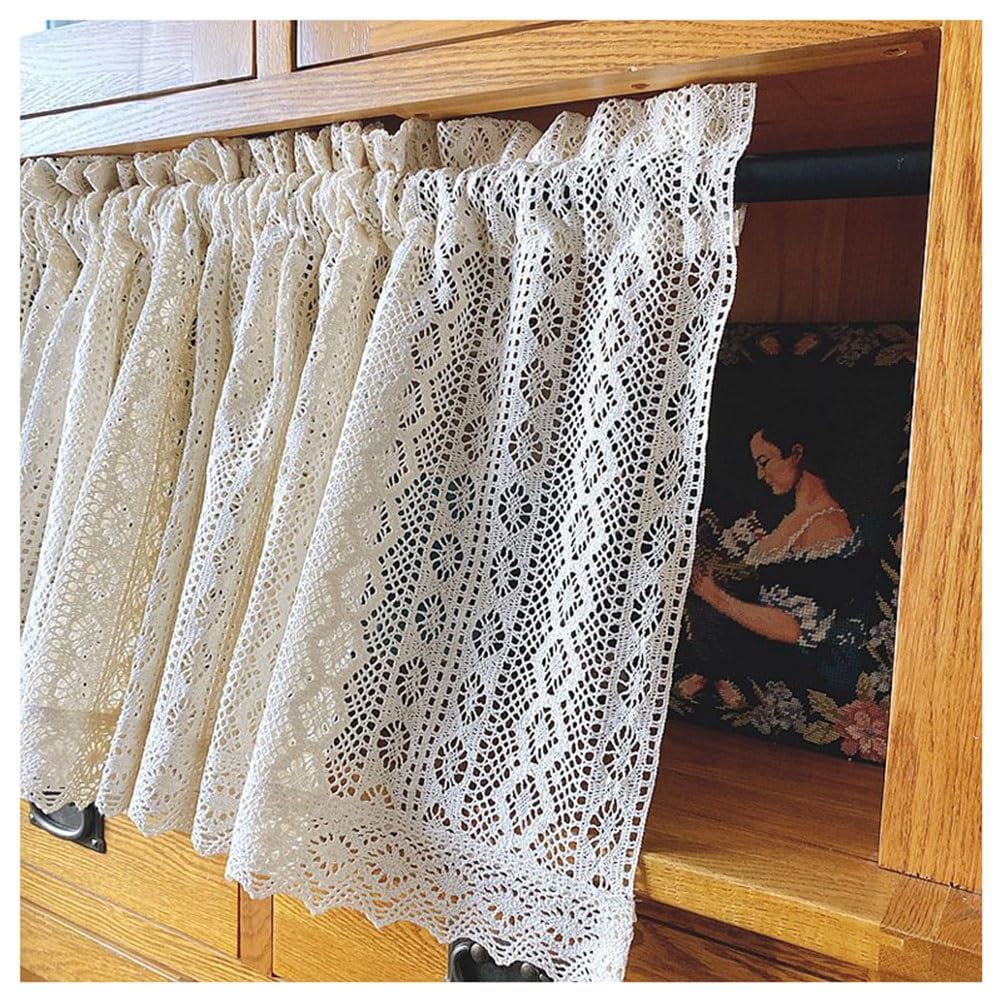 Tenda Corta Boho per Finestra Della Cucina, Pannello per Finestra All'Uncinetto Geometrico da Fattoria, Tenda Beige con Tasca per Asta in Stile Rurale per Soggiorno, Camera, Armadio(W200xH90cm/W79xH35