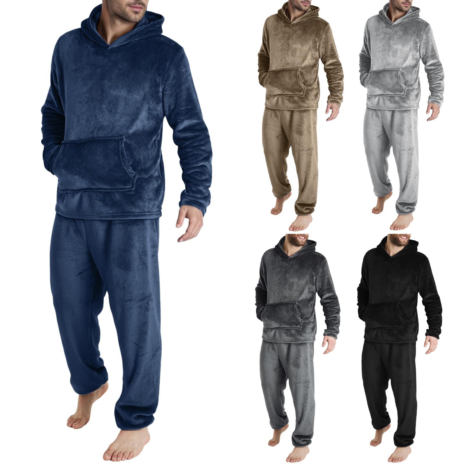 Generisch Pijama largo de franela para hombre, de forro polar, con capucha y pierna ancha, pantalones de casa elásticos, juego de dos piezas, mullido, térmico, con capucha, pantalones de dormir