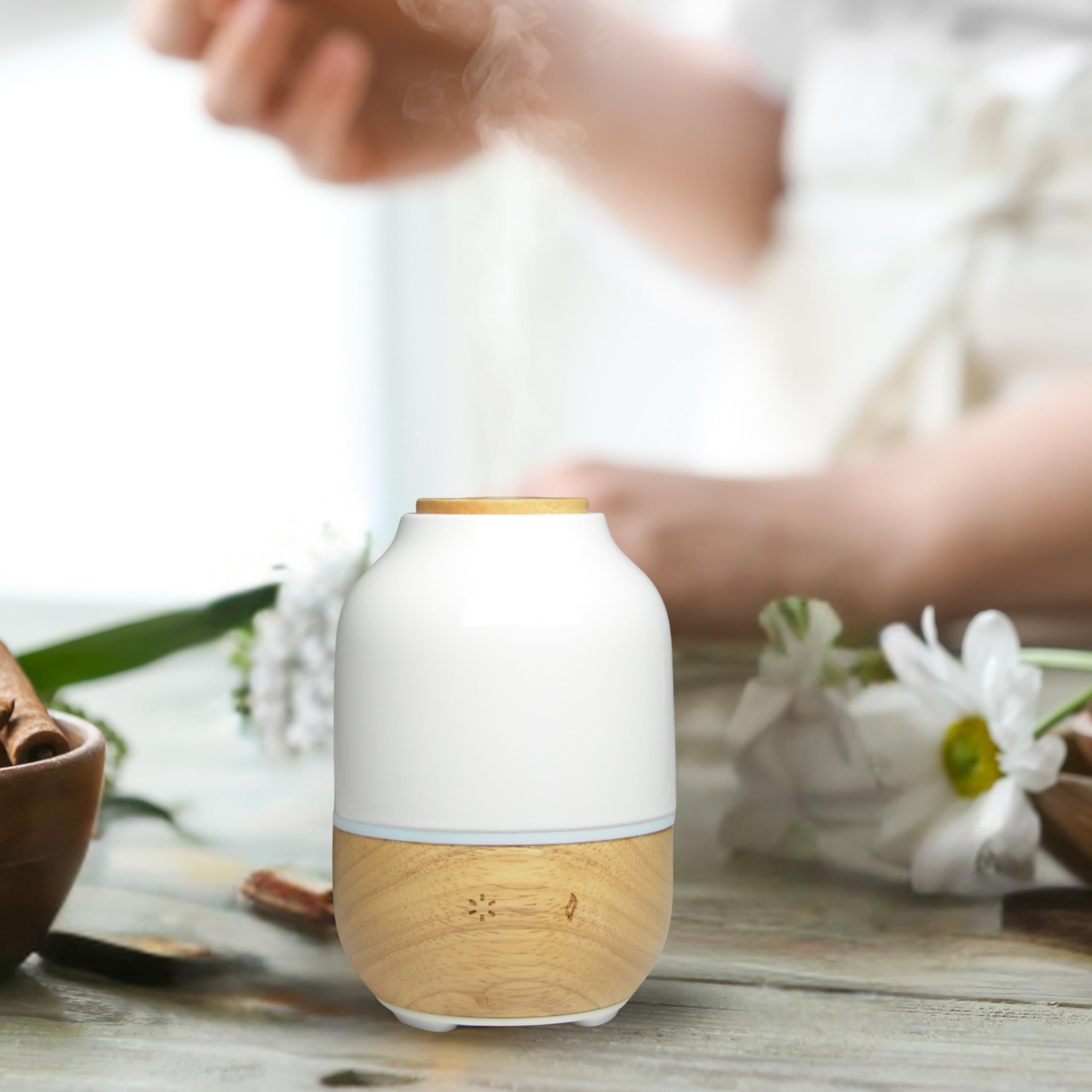 Zen’Arôme - Diffuseur d’Huiles Essentielles Ultrasonique Purisia (Jusqu’à 40 m²) - Diffusion à Froid pour l’Aromathérapie - Mode Continu ou Alterné - Éclairage Multifonction - Céramique et Bois