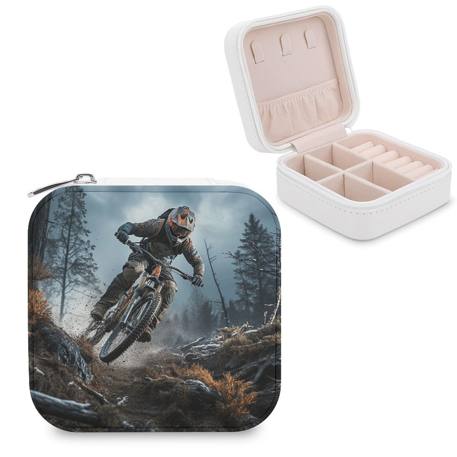 FekiLoot Mountain Bike Tournament Jewelry Case Personalized Leather Jewelry Box Mini Travel Jewelry Case Small Portable Jewelry Organizer for Ring Earrings Necklace Bracelet