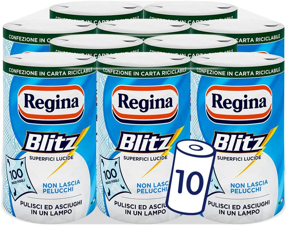 Regina Blitz Carta Casa, Pack of 10 Rolls, 100 Maxi-Leaf 3-Ply Paper, Recyclable Paper, Clean and Dry in a Flash, 100% FSC Certified Paper