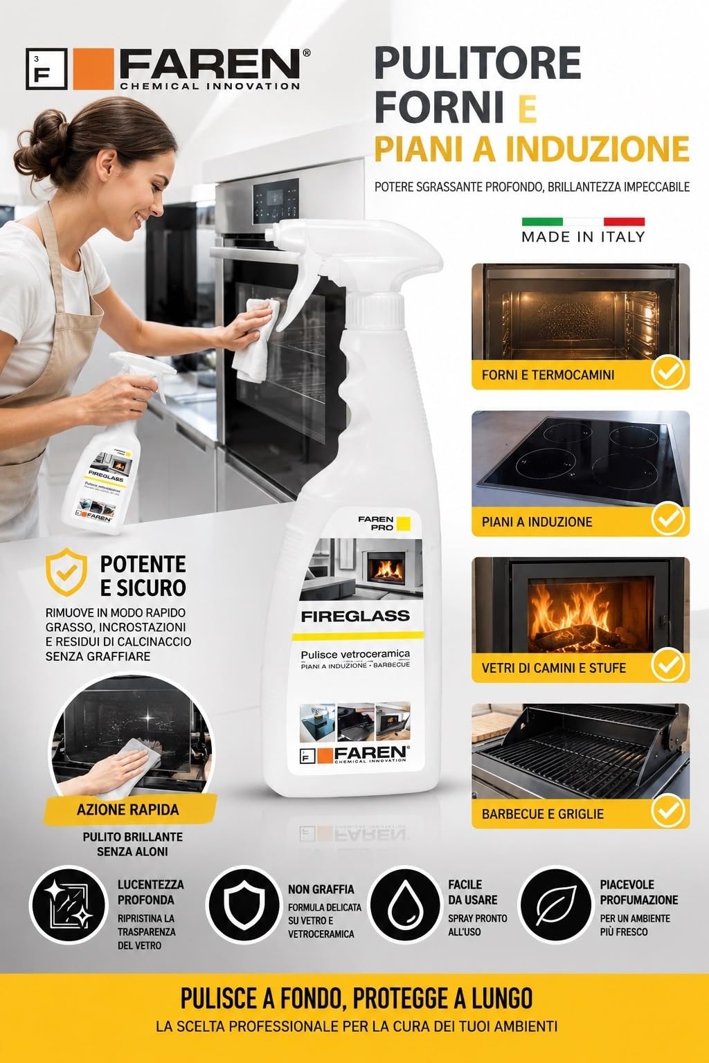 Faren FIREGLASS, Detergente Pulisci Vetro Camino e Stufa, Efficace su Vetroceramica e Barbecue, Ideale per Termocamini e Piani a Induzione, Made in Italy, 750 ml (12pz)