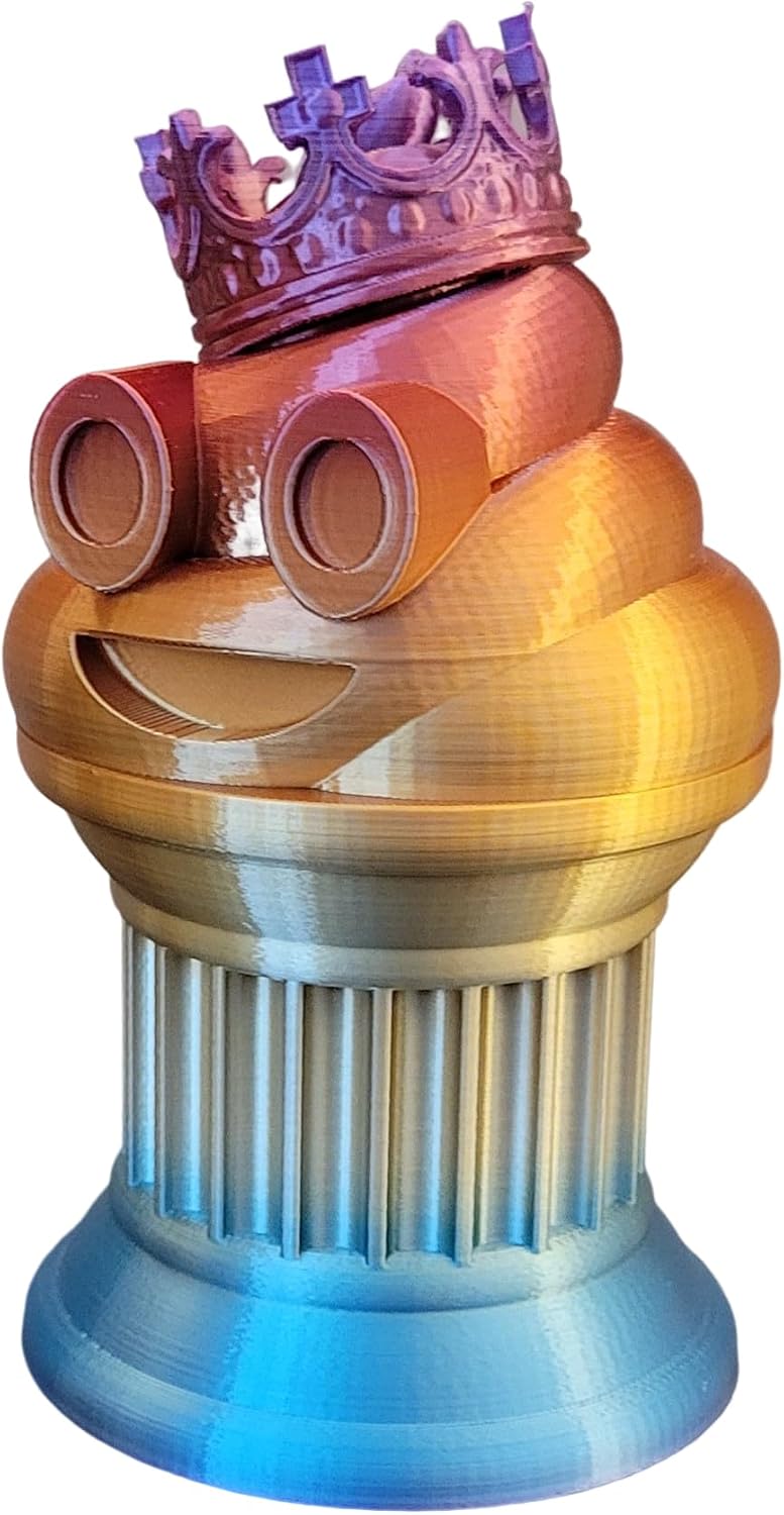 Znet3D King Poop Emoji Trophy - Fun Award & Gift - Handmade w/Additive Manufacturing - 6" inches Tall - Featuring a Solid Rainbow Poop Emoji with a Crown, Secured on a Column Pillar - Funny Trophy