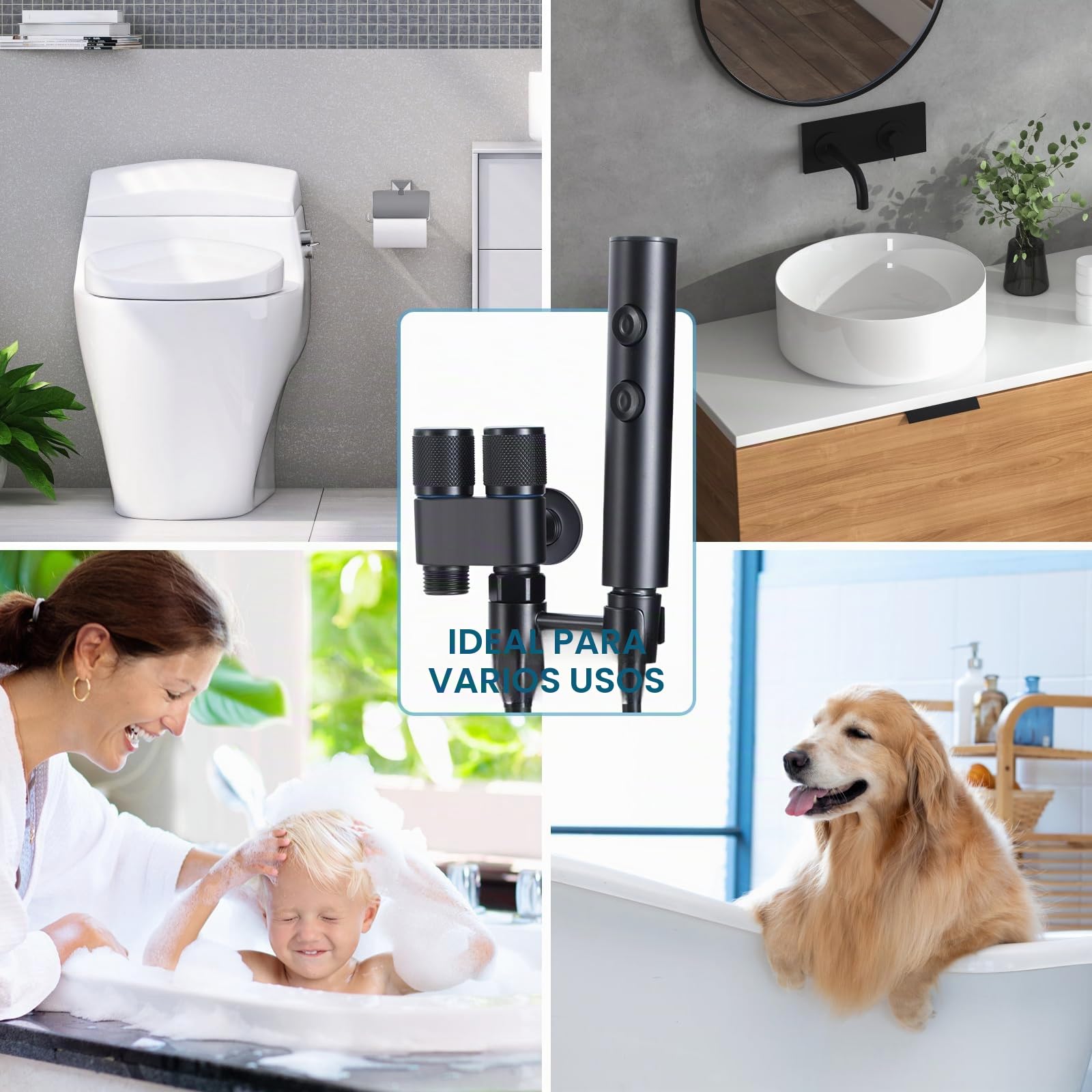 Kit De Rociador de Bidé 2 En 1 Potente Chorro y Amplia Pulverización Pulverizador Para Bidé de Mano Duchas Higienicas para Wc Para Lavado de Inodoros Higiene Personal Limpieza de Mascotas (Negro)