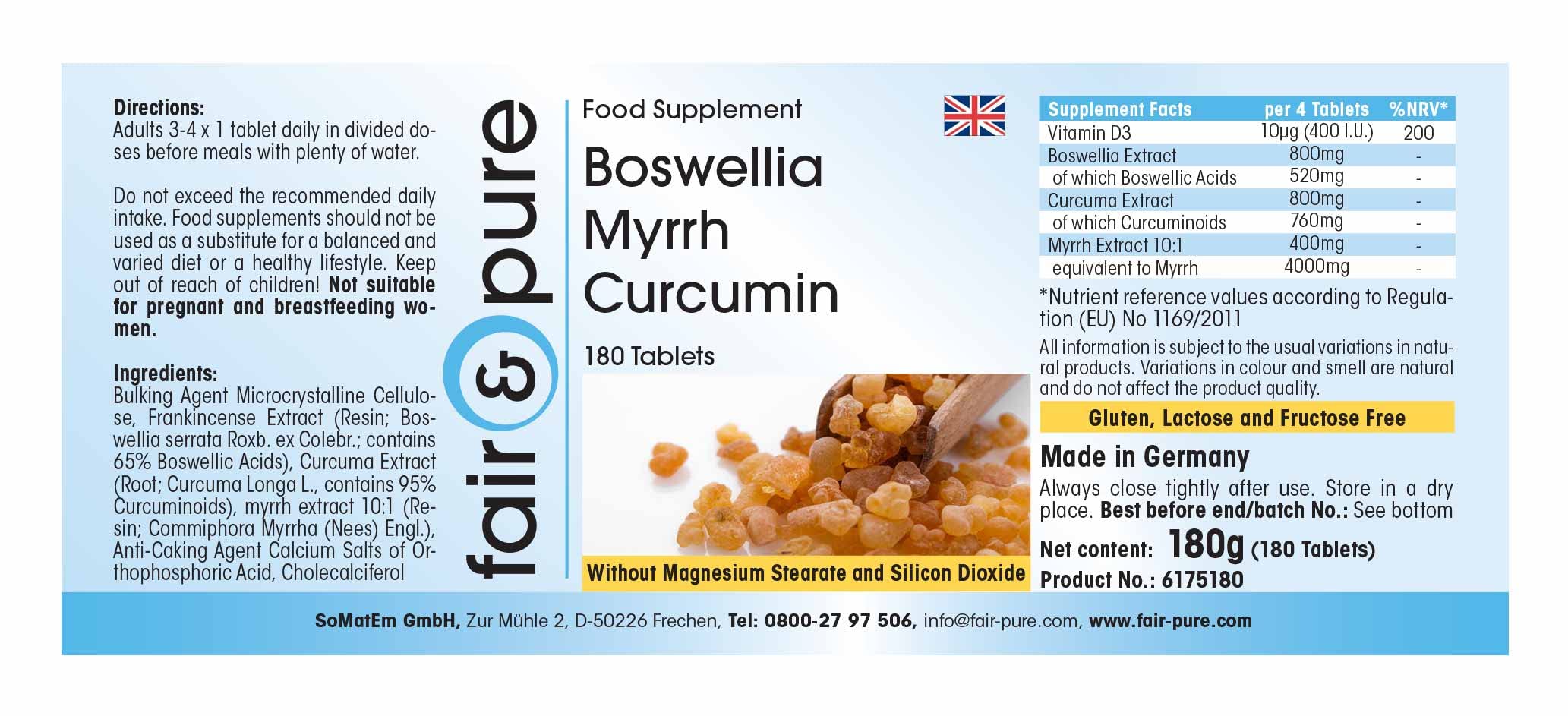 Fair & Pure Boswellia Myrrhe Curcumin mit Vitamin D3, 180 Tabletten, Weihrauch Extrakt, Nahrungsergänzungsmittel ohne Magnesiumstearat, in Deutschland hergestellt