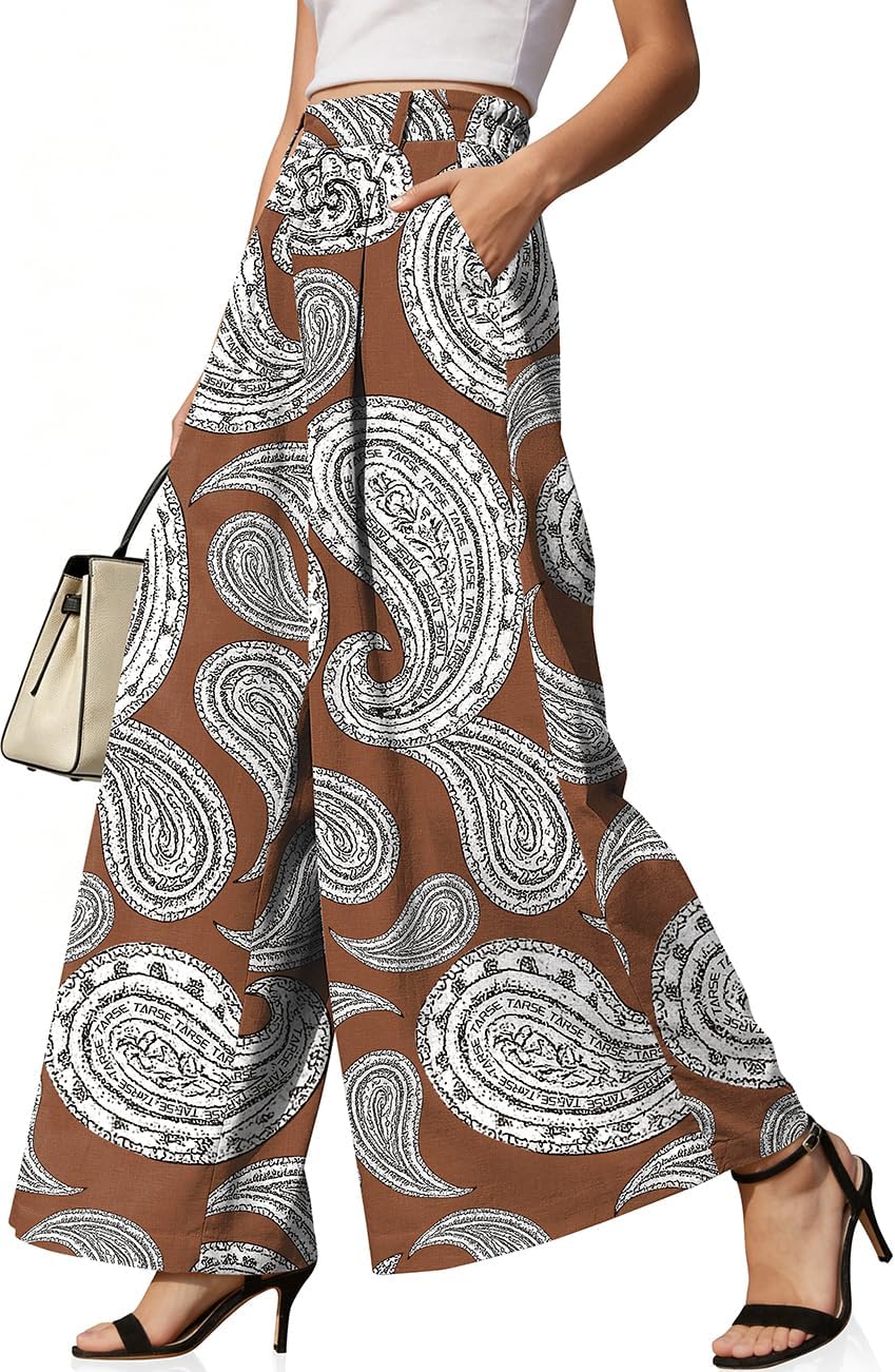 TARSE Womens Linen Palazzo Pants High Waist Pleated Trousers with Pockets | Wide Leg Linen Lounge Pants, Back Elastic Waist, Side Pockets, Flowy Boho Summer Style, Casual Dressy, Flower Printed Pattern