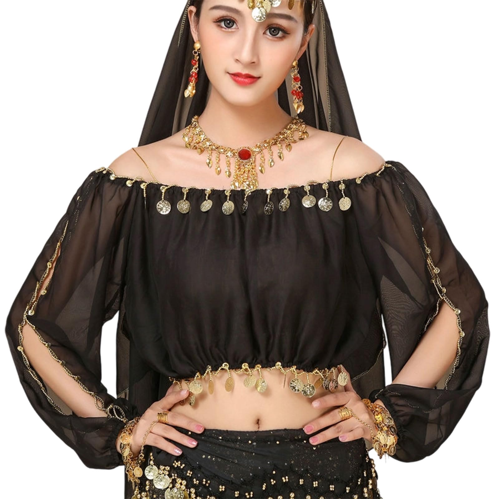 Tkidplw Unisex Black Belly Dance Costume Dancer Coin Tops Bellys Dancing Crop Top Halloween Performances Costumes Bellys Dances Outfit Dance Costume For Women