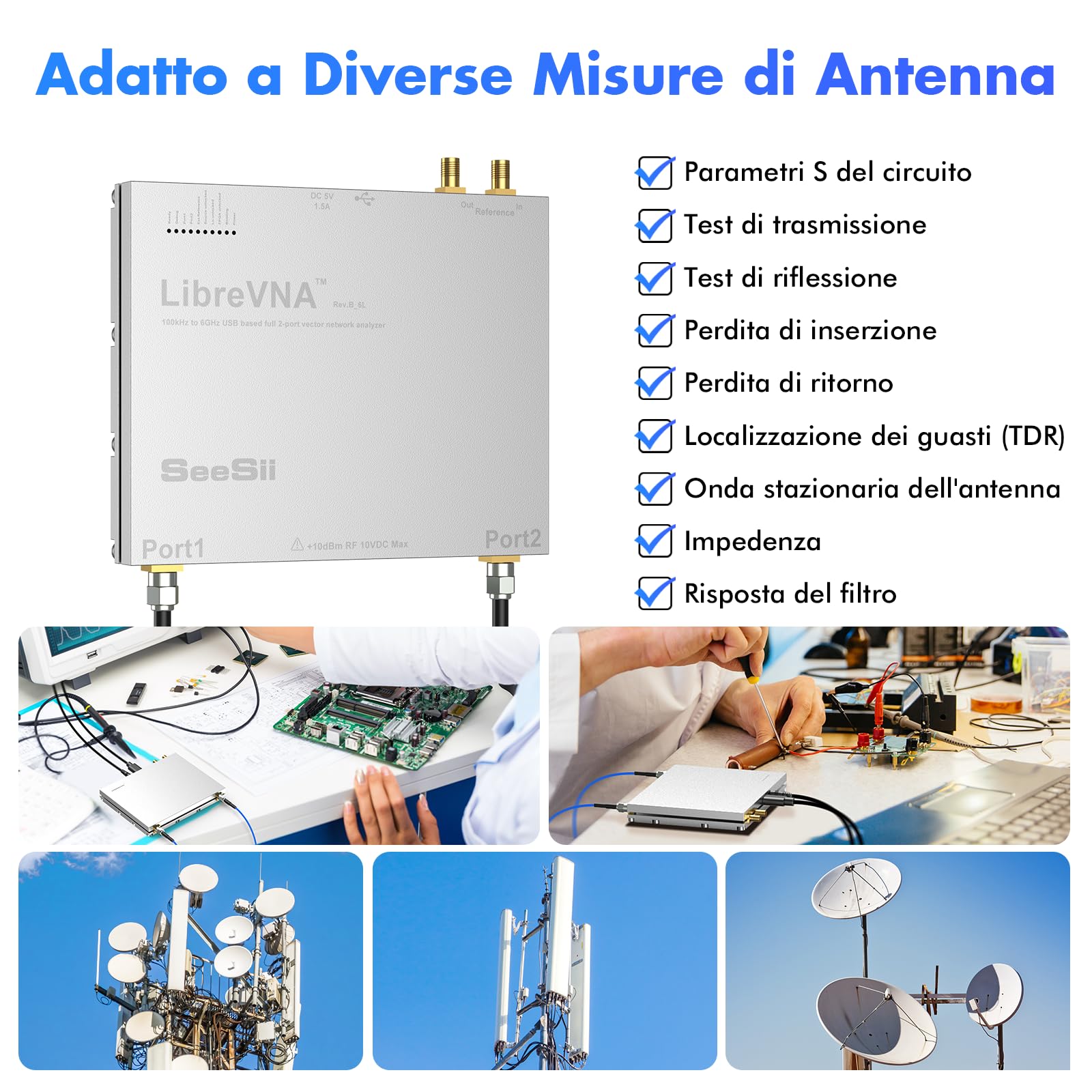 Seesii LibreVNA 2,0 Analizzatore di Rete Vettoriale,NanoVNA Analizzatore di Antenna 100kHz-6GHz 2022 Aggiornato USB Completo 2 Porte con Ingresso/Uscita di Riferimento Esterno per Parametri S Completi