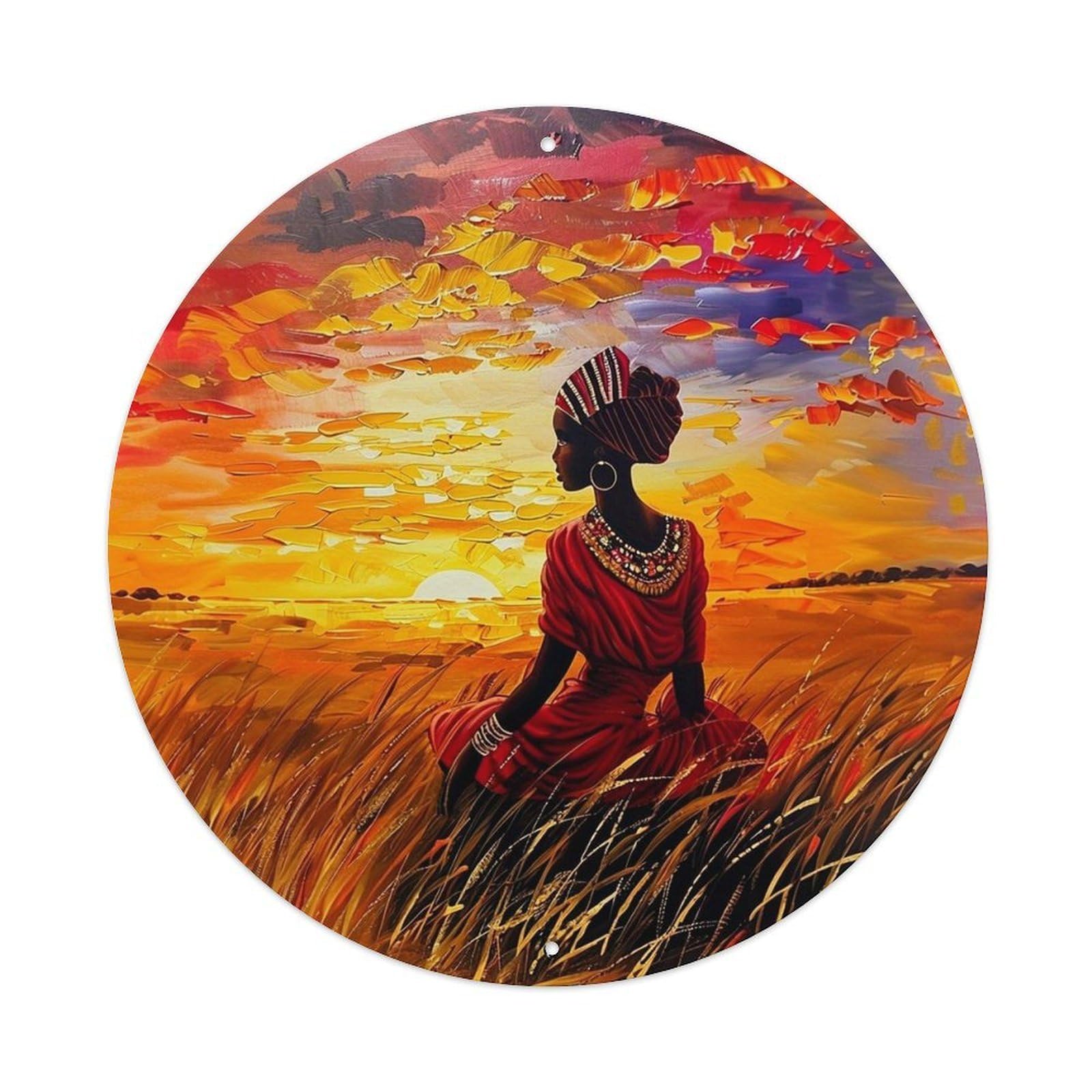 African Woman Sunset Field Art Round Metal Tin Sign Vintage Wall Decor, Bar Garage Cafe Kitchen Home Wall Art Poster 8x8inches