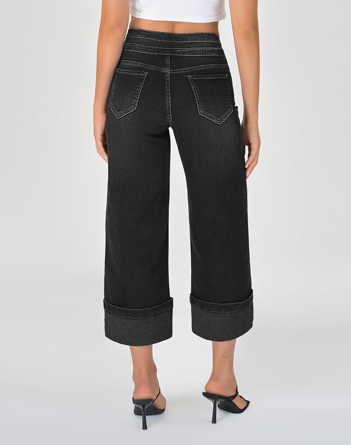 roswear Women's Capri Jeans Stretchy High Waist Wide Leg Cropped Pants with Cuffed Hem - Image 3