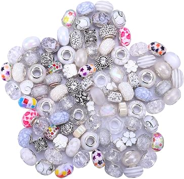 European Large Hole Spacer Charm Beads for DIY Bracelet Jewelry Making, Multicolor, Rhinestone, Resin, Assorted Styles 60, White