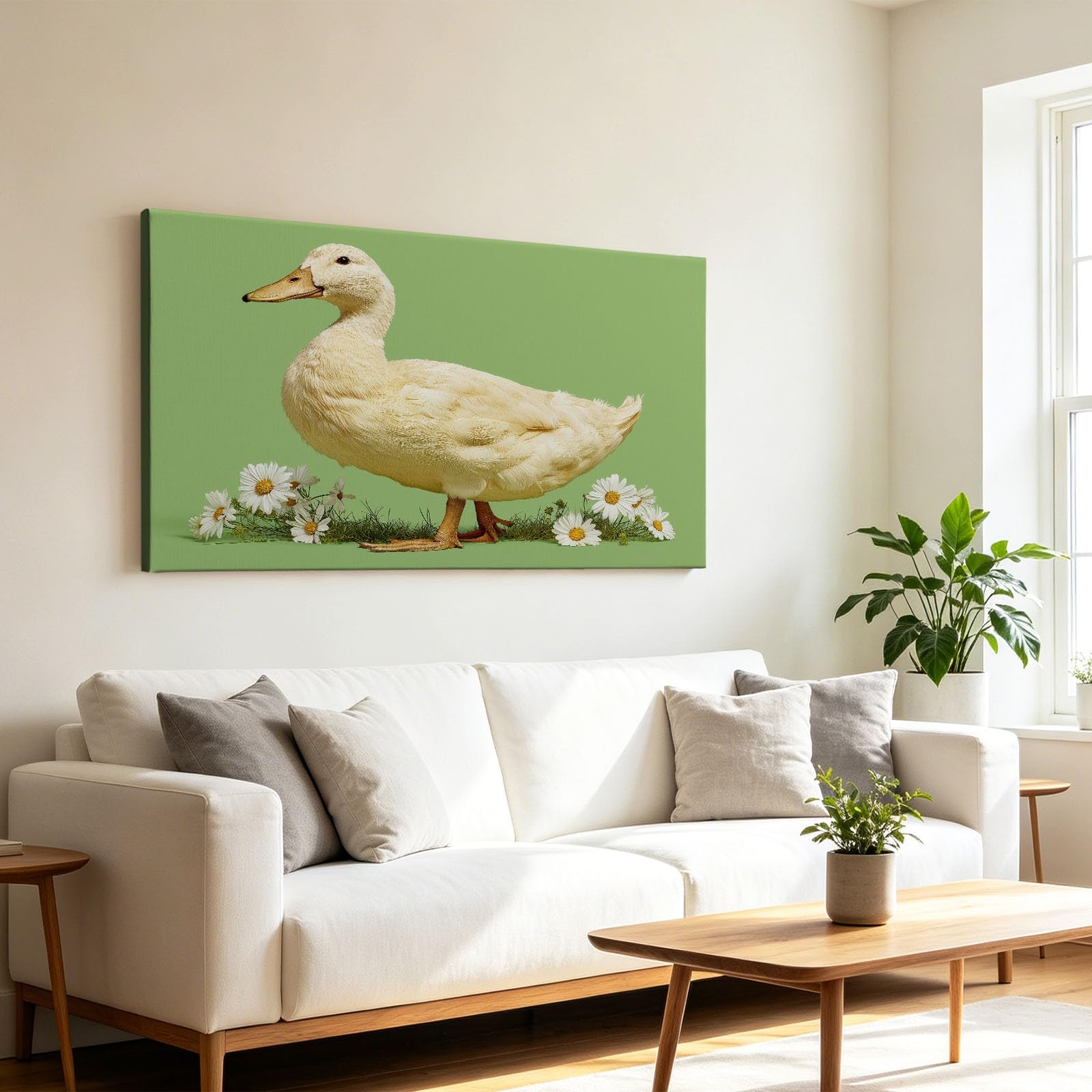 Stampa artistica da parete su tela incorniciata per soggiorno e camera da letto, animali anatra bianca, margherita, stampa artistica su tela, decorazione artistica da parete per ufficio, 140 x 70 cm