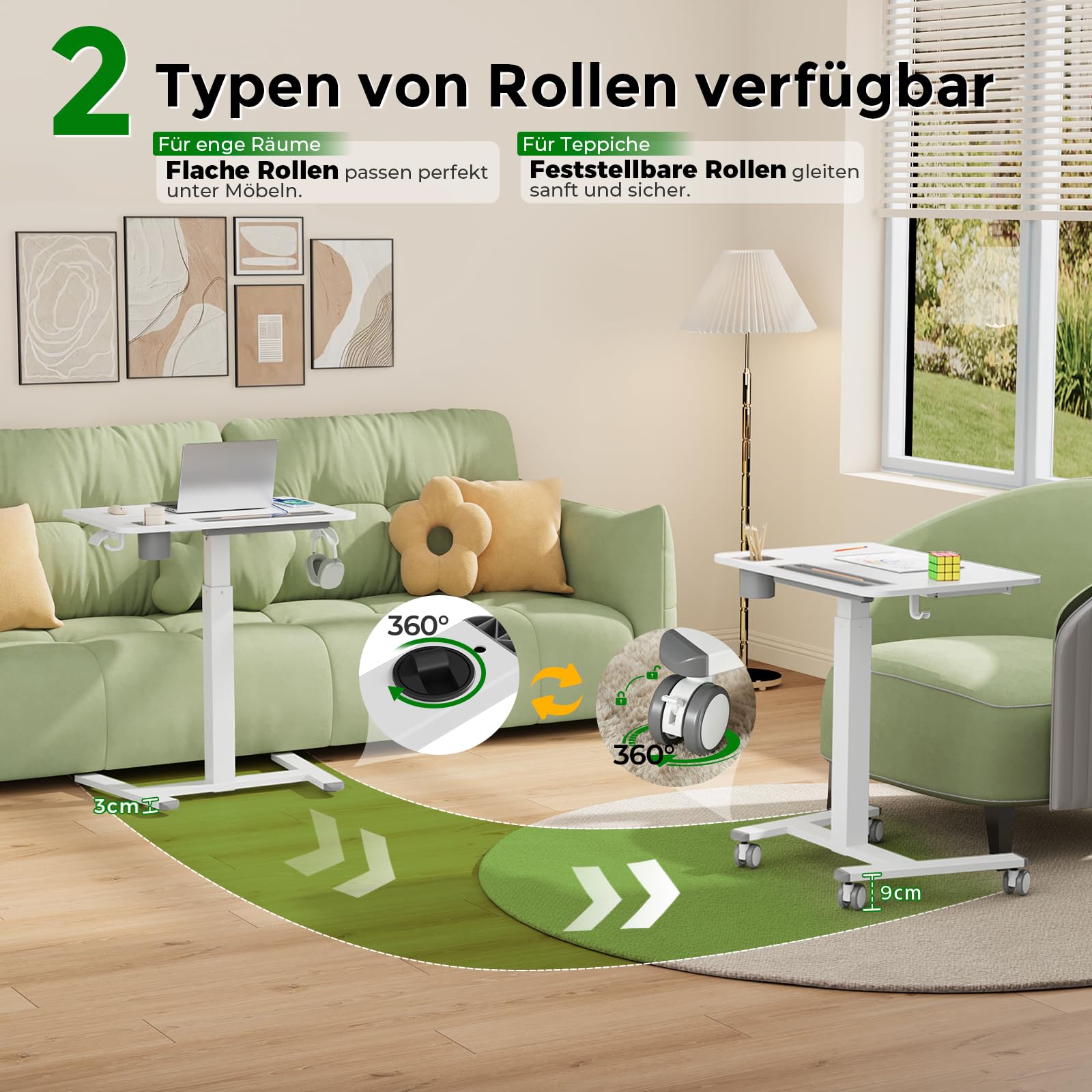 Gibbon Mounts 70x50cm höhenverstellbarer Schreibtisch mit Schublade, Rollen | Weiß Mobiler Laptoptisch mit Handyfach, Halter & Haken, 3cm flacher Sockel für enge Lücken, 4 bremsbare Räder als Ersatz inkl