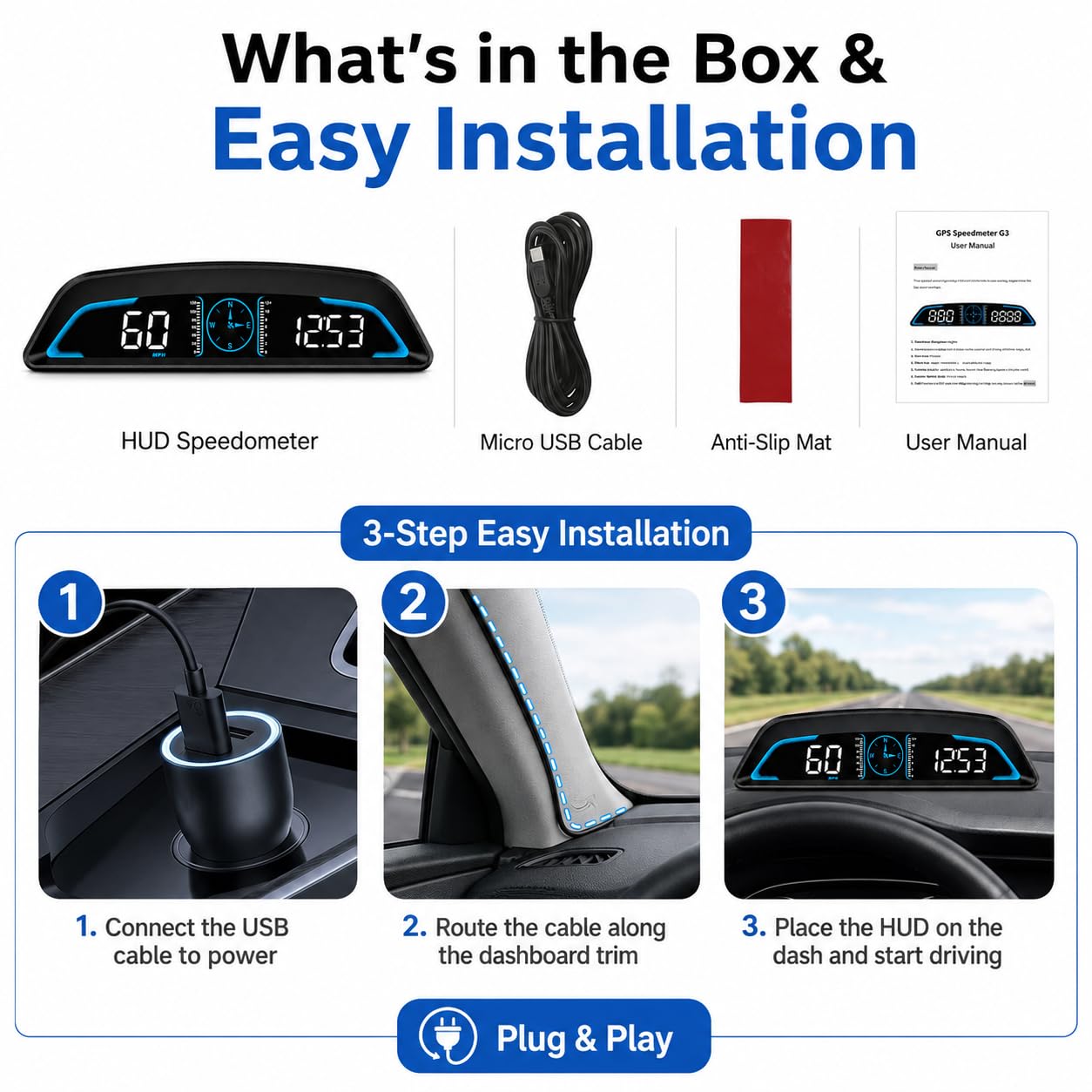 GPS Speedometer for Car USB Connection 5.5 Inch Digital HUD Display MPH KMH Speed Gauge with Overspeed Alarm Fatigue Driving Reminder Compass Trip Meter for Cars Trucks SUVs RVs Plug and Play