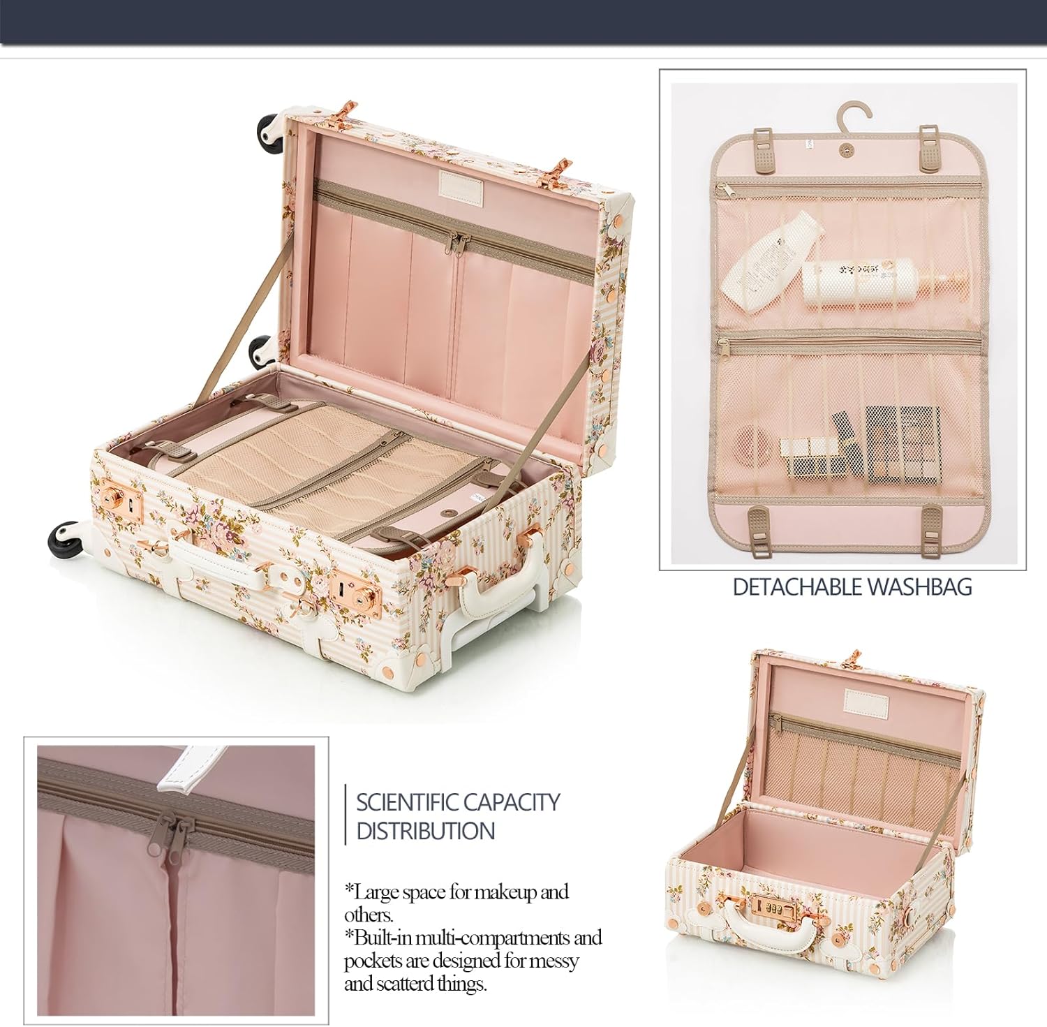 COTRUNKAGE Desinger Vintage Suitcase Set for Women, Floral Carry On Luggage with Wheels and Train Case, Beige, 2 Piece(13/20in), TSA-Approved