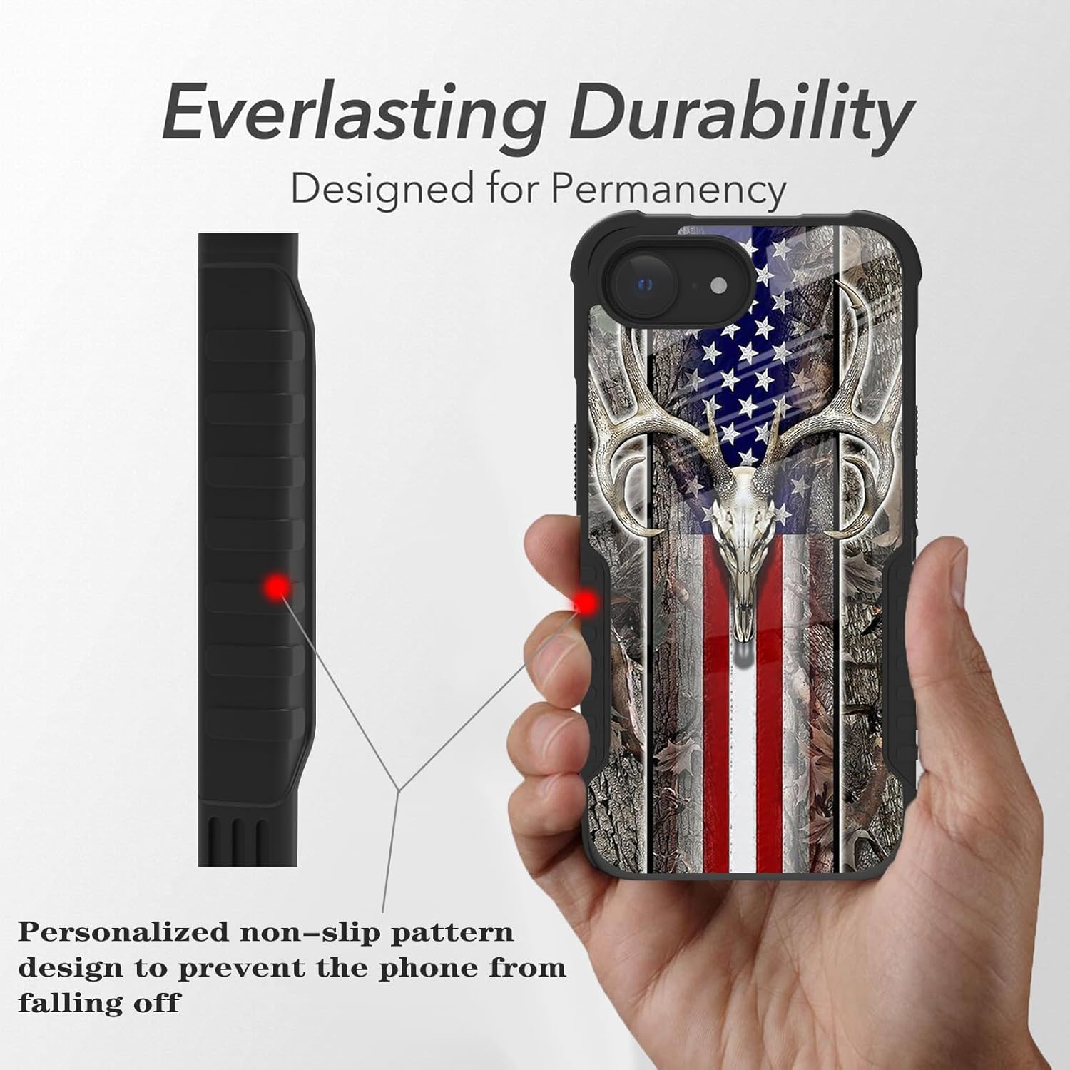 Compatible with iPhone 16E Case for Men Women, Camo Deer Camouflage American Flag Design Heavy Duty Anti Slip Shockproof Hard PC Back Soft TPU Case for iPhone SE 2025/4th Generation - Image 3
